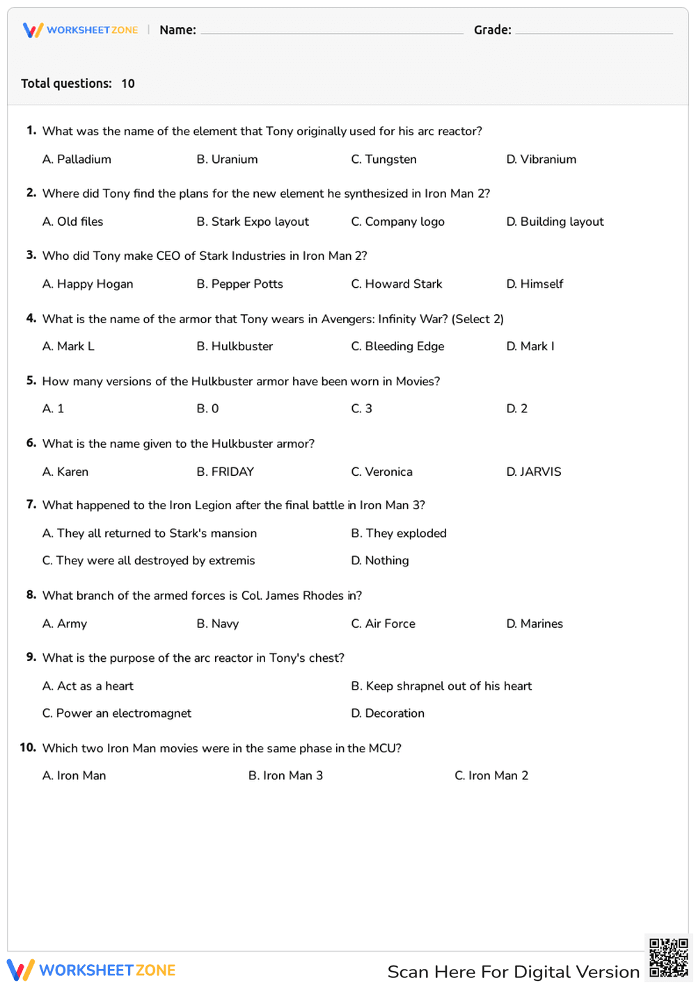 Iron Man Trivia Quiz | Grade 6 Essential Worksheet - Page 1