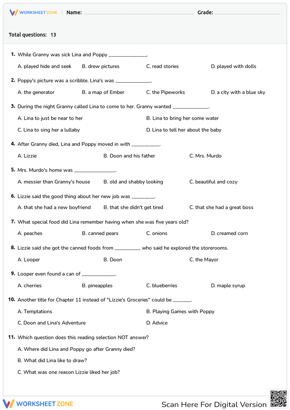 City of Ember Ch. 10-11 — Essential Printable Quiz - Page 1