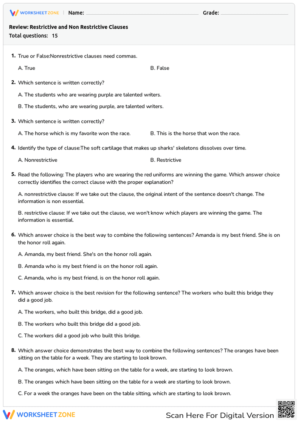 Essential Clauses Review Worksheet | Grade 5 ELA - Page 1