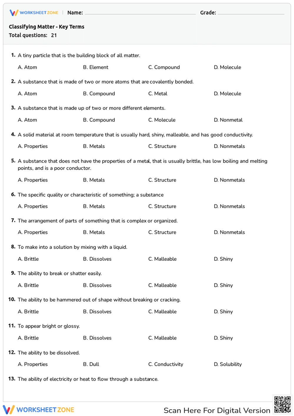 Classifying Matter - Key Terms - Page 1