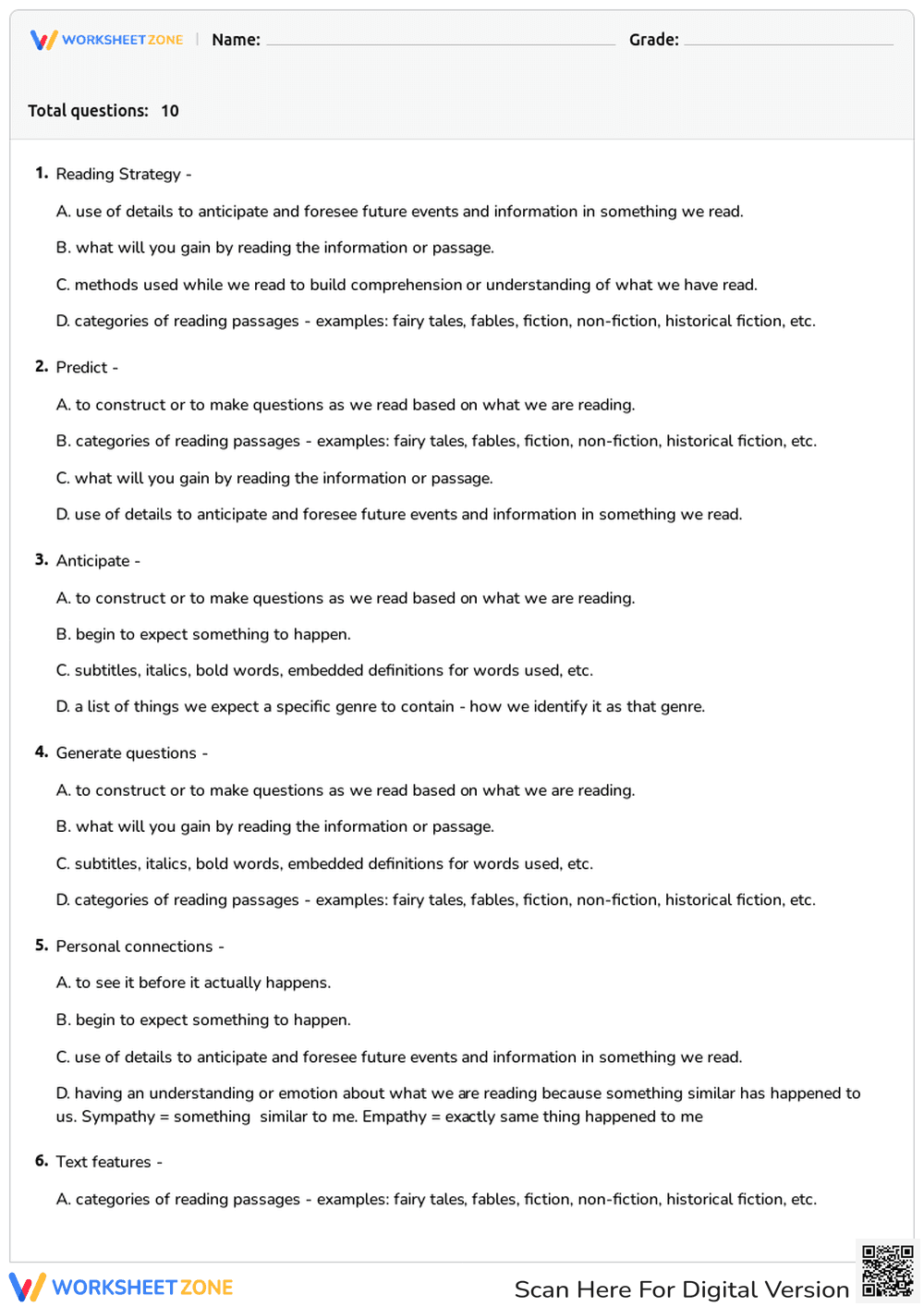 Reading Strategy Vocabulary Quiz | Grade 1 Essential - Page 1