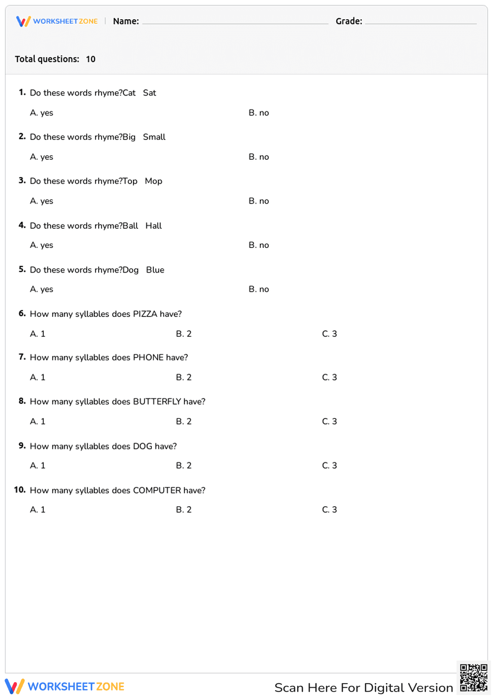 Rhyming and Syllables Worksheet | Essential Grade K-1 - Page 1