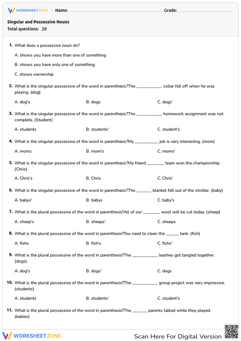 Singular and Possessive Nouns Worksheet | Grade 3-5 Aligned - Page 1