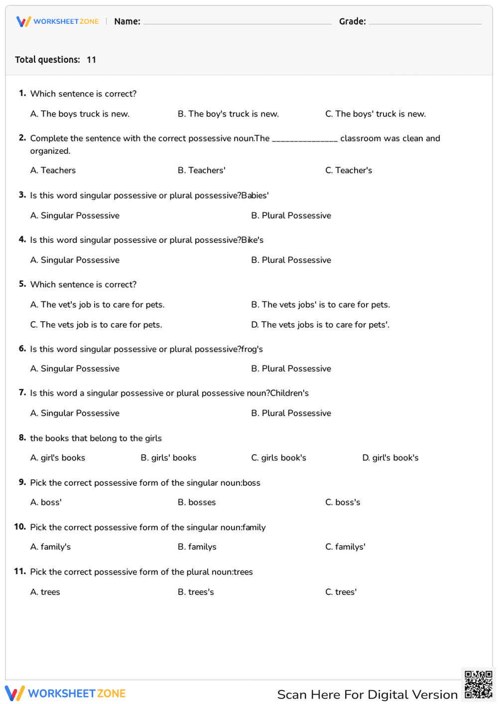 Possessive Nouns Worksheet | Grade 3 Essential Practice - Page 1
