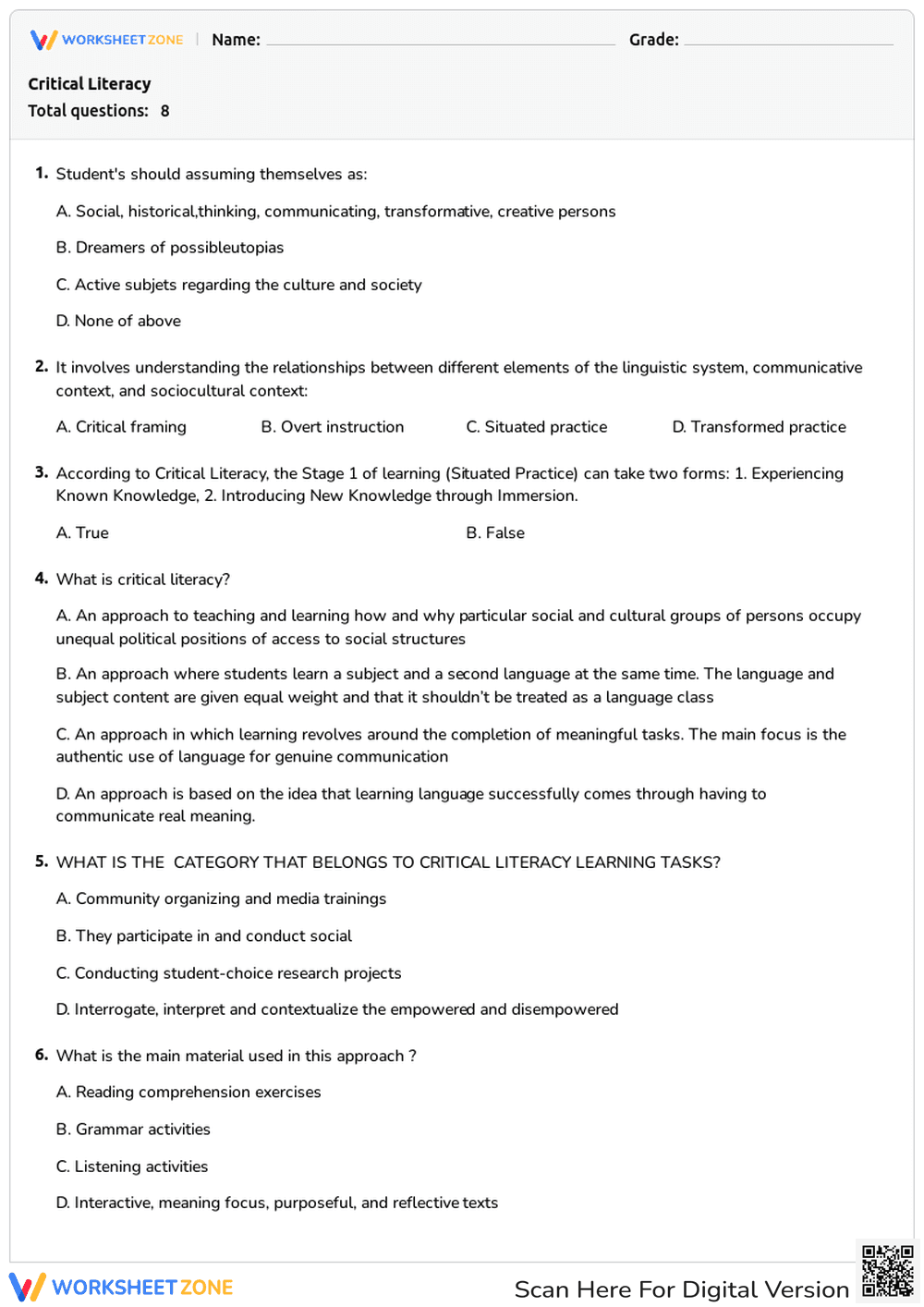 Critical Literacy Worksheet | Grade 11 Essential Guide - Page 1