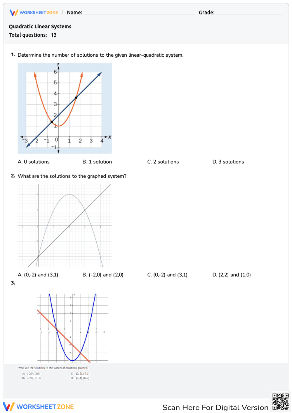 Quadratic Linear Systems Worksheet | Essential Grade 8-10 - Page 1