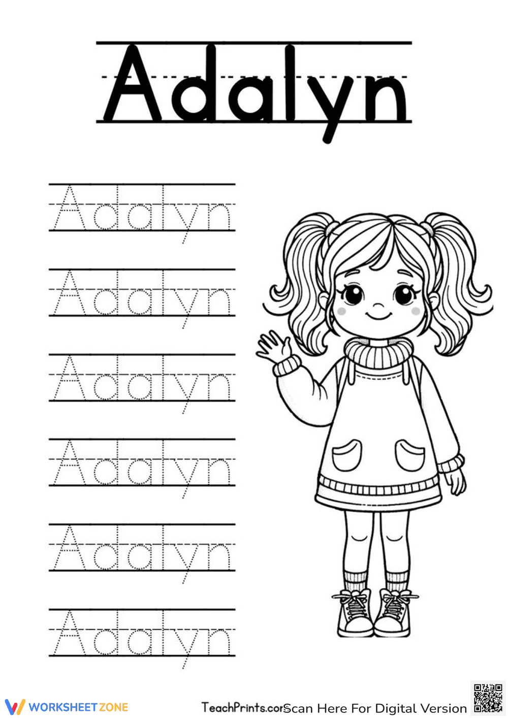 Adalyn Name Tracing — Printable Grade K Worksheet - Page 1