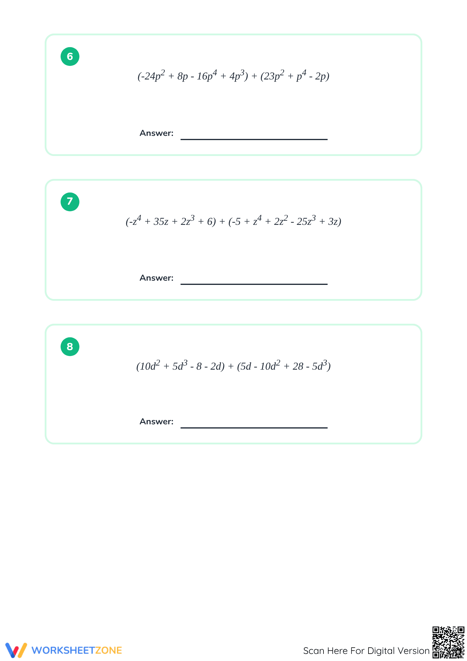 Printable Adding Polynomials Worksheet | Grade 7 Math - Page 3