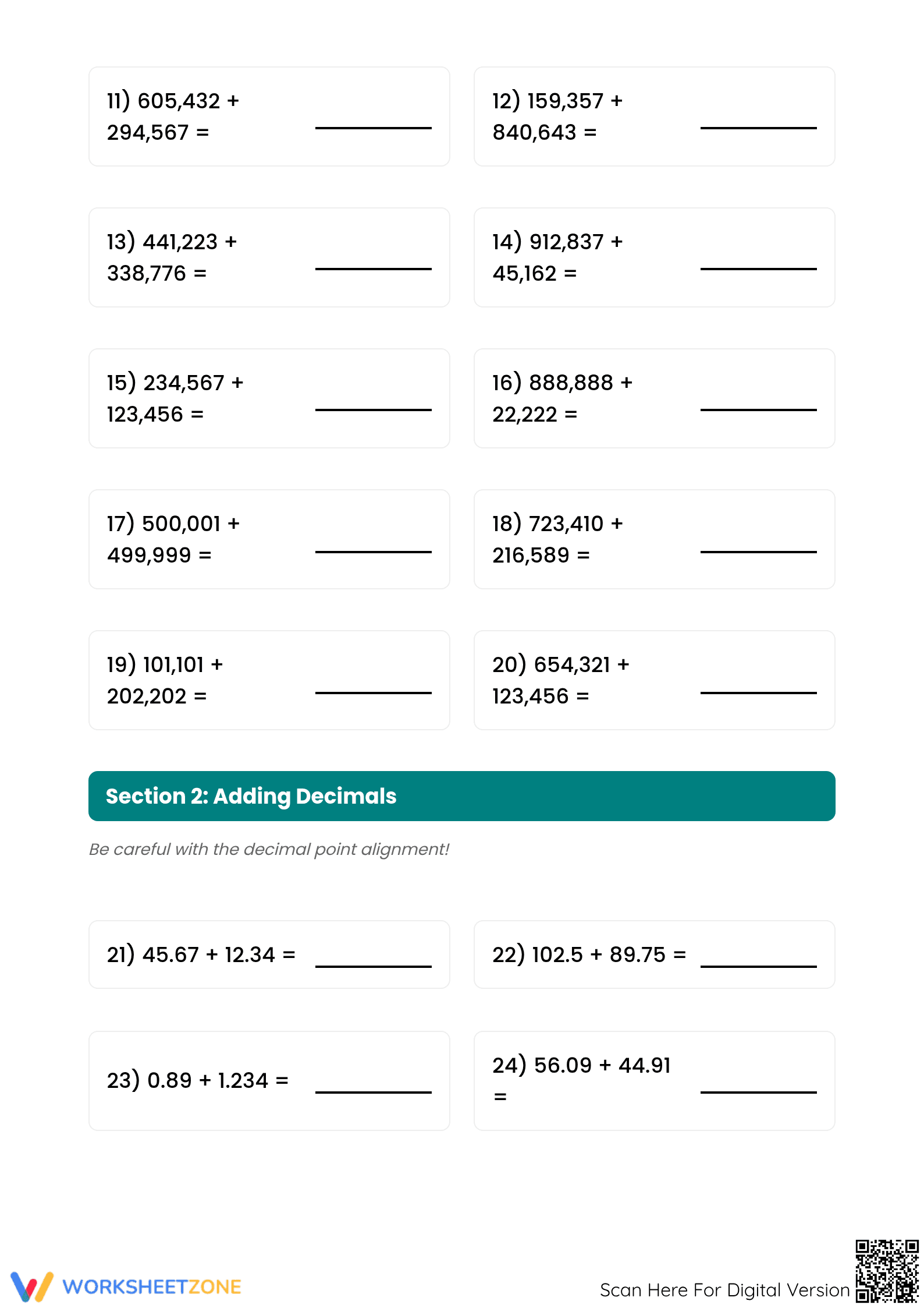 Printable Addition Quiz | Grade 6 Math Worksheet - Page 2