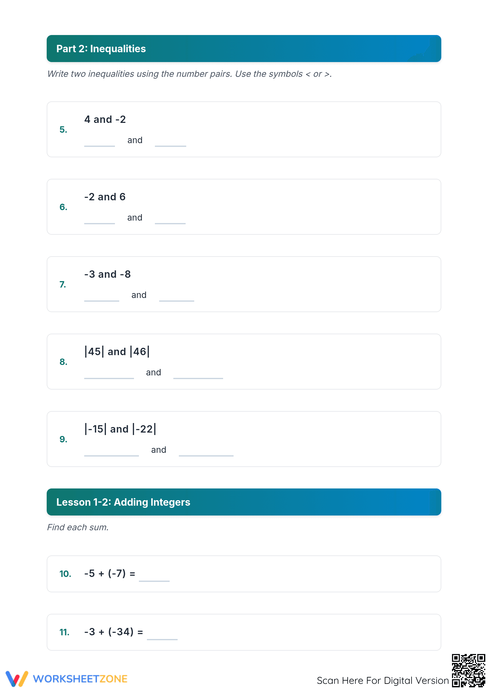 Printable Integers & Absolute Value Worksheet | Grade 6 Math - Page 2