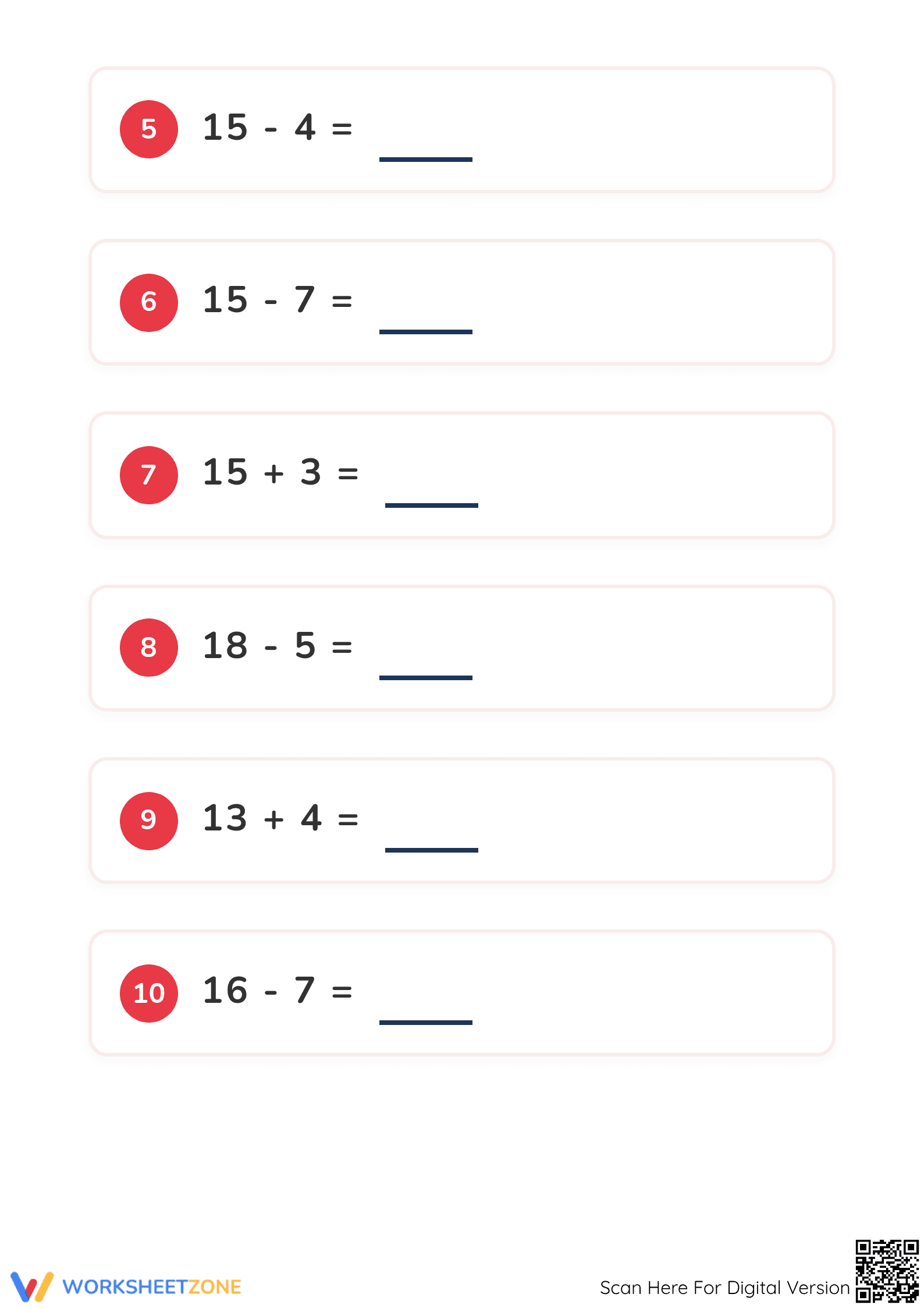 Printable Addition and Subtraction to 20 Worksheet - Page 2