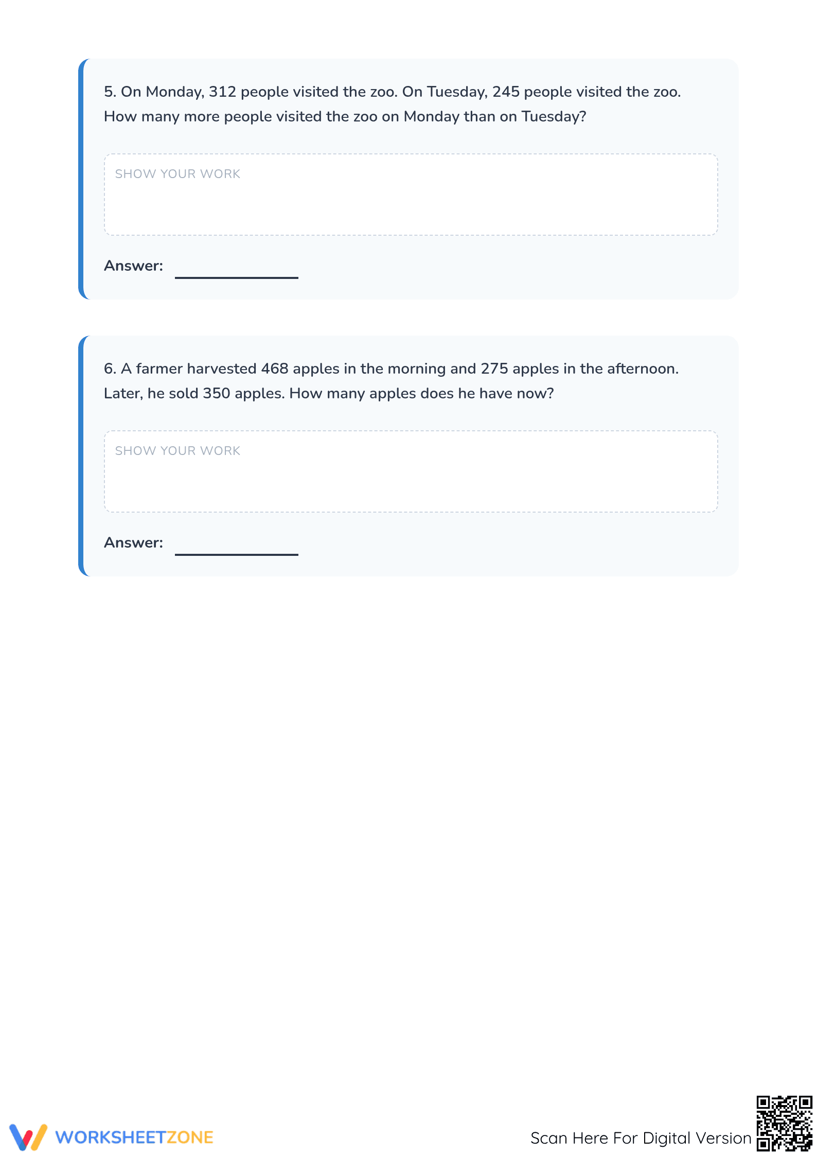 Printable 3-Digit Addition and Subtraction Word Problems - Page 3