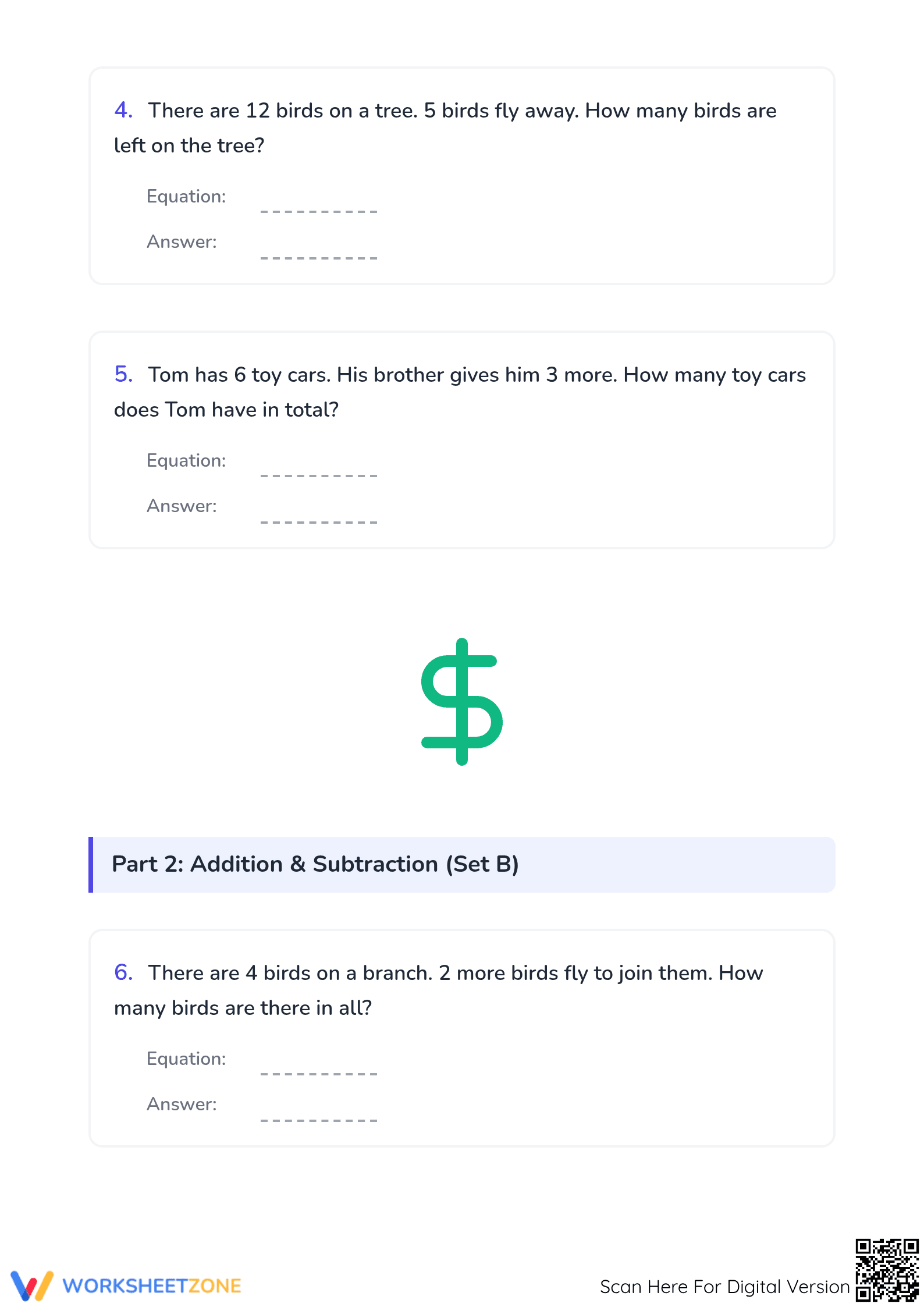 Printable Word Problems Worksheet | Grade 1 Math Addition - Page 2