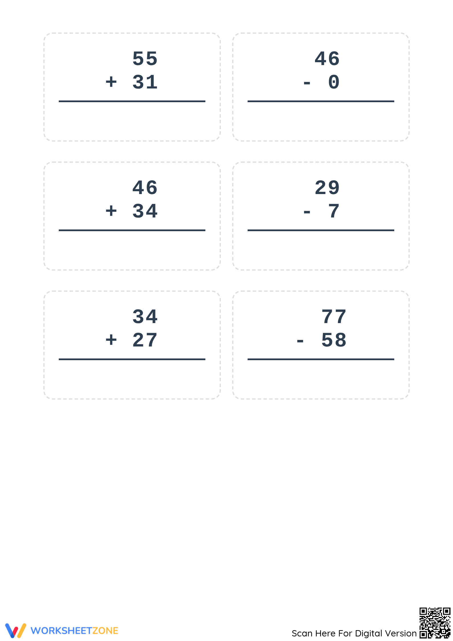 Printable Addition and Subtraction within 100 Worksheet - Page 2
