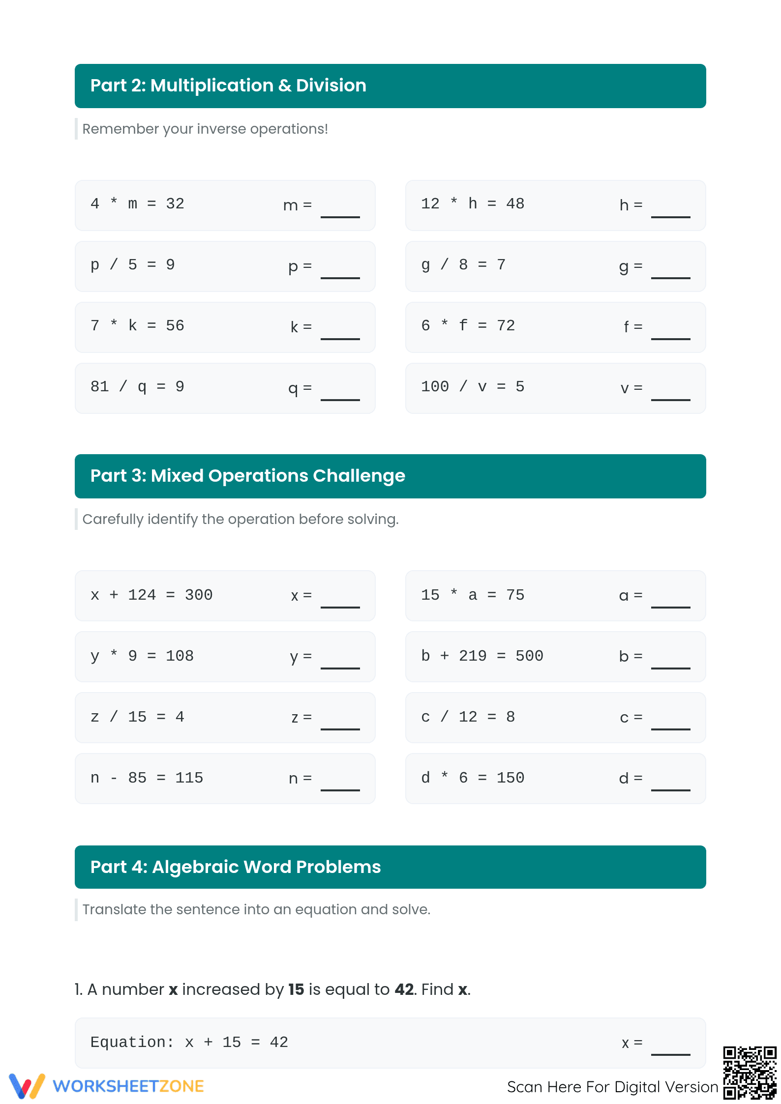 Mixed Find the Variable Worksheet | Grade 3 Printable - Page 2