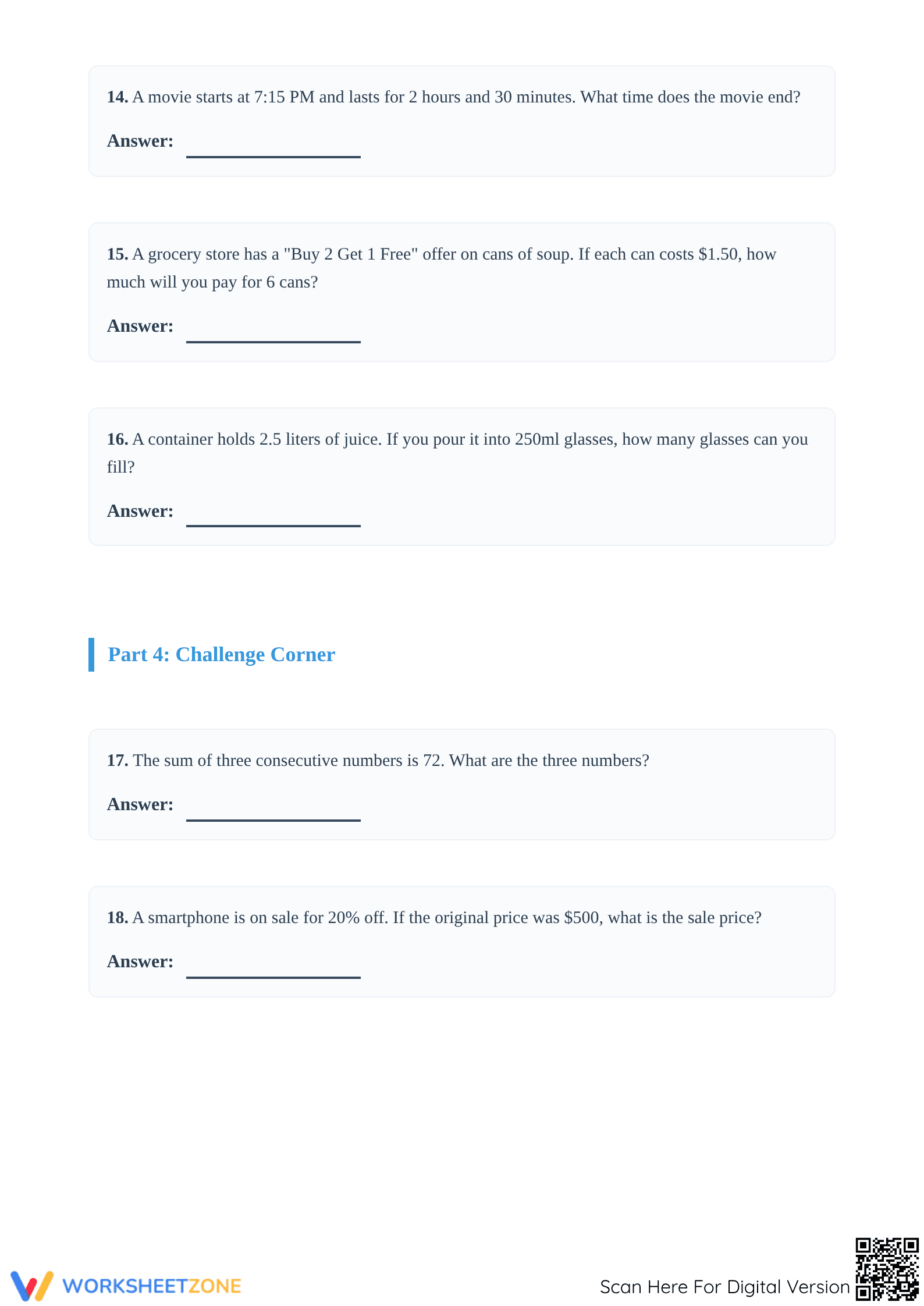 Essential Grade 5 Math Word Problems Worksheet (Set 1) - Page 4