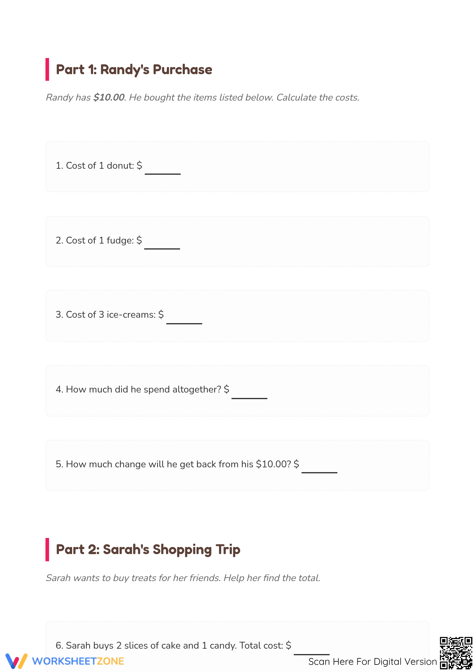 Essential Spending Money Math Worksheet | Grades 2-4 - Page 2