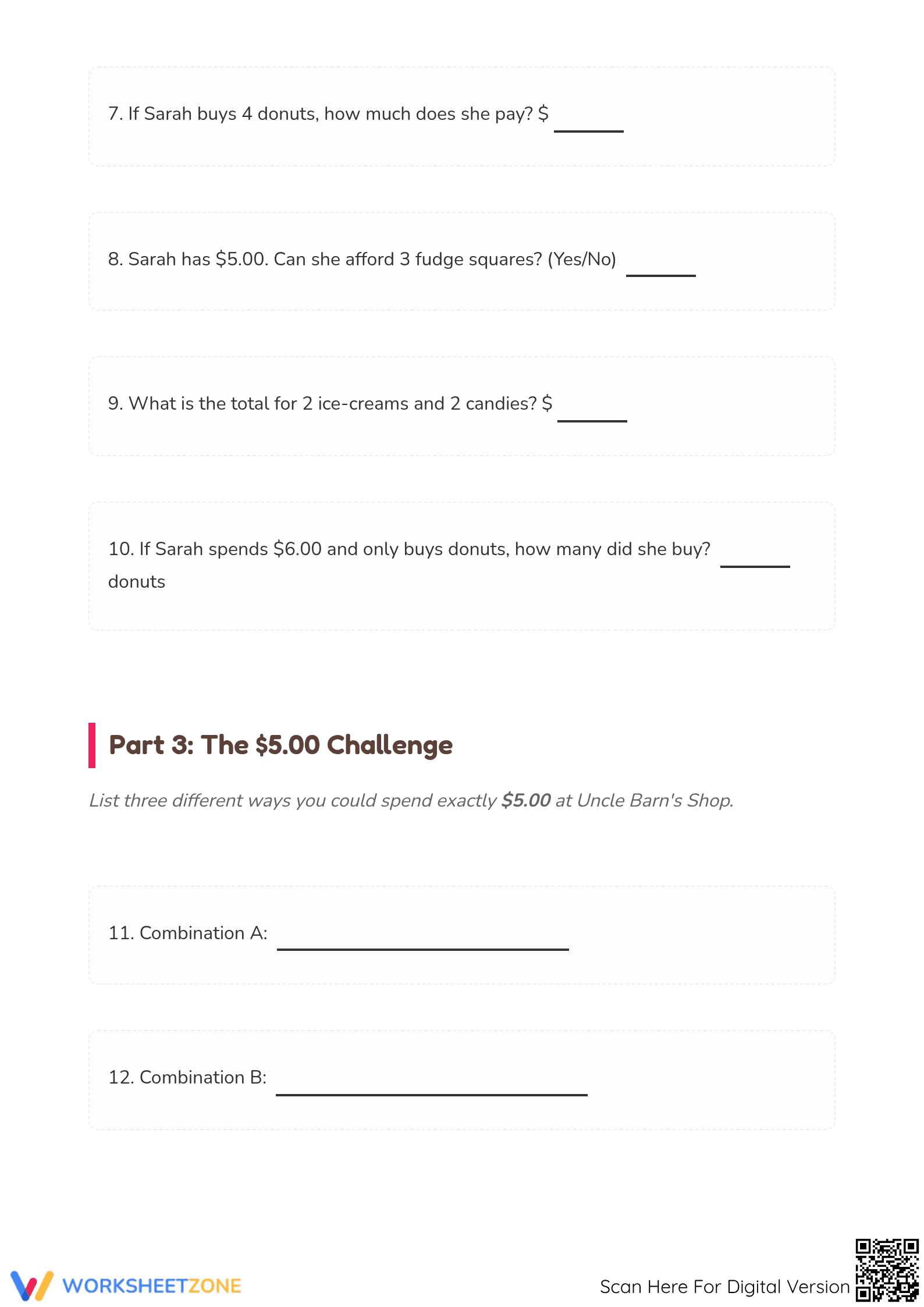 Essential Spending Money Math Worksheet | Grades 2-4 - Page 3