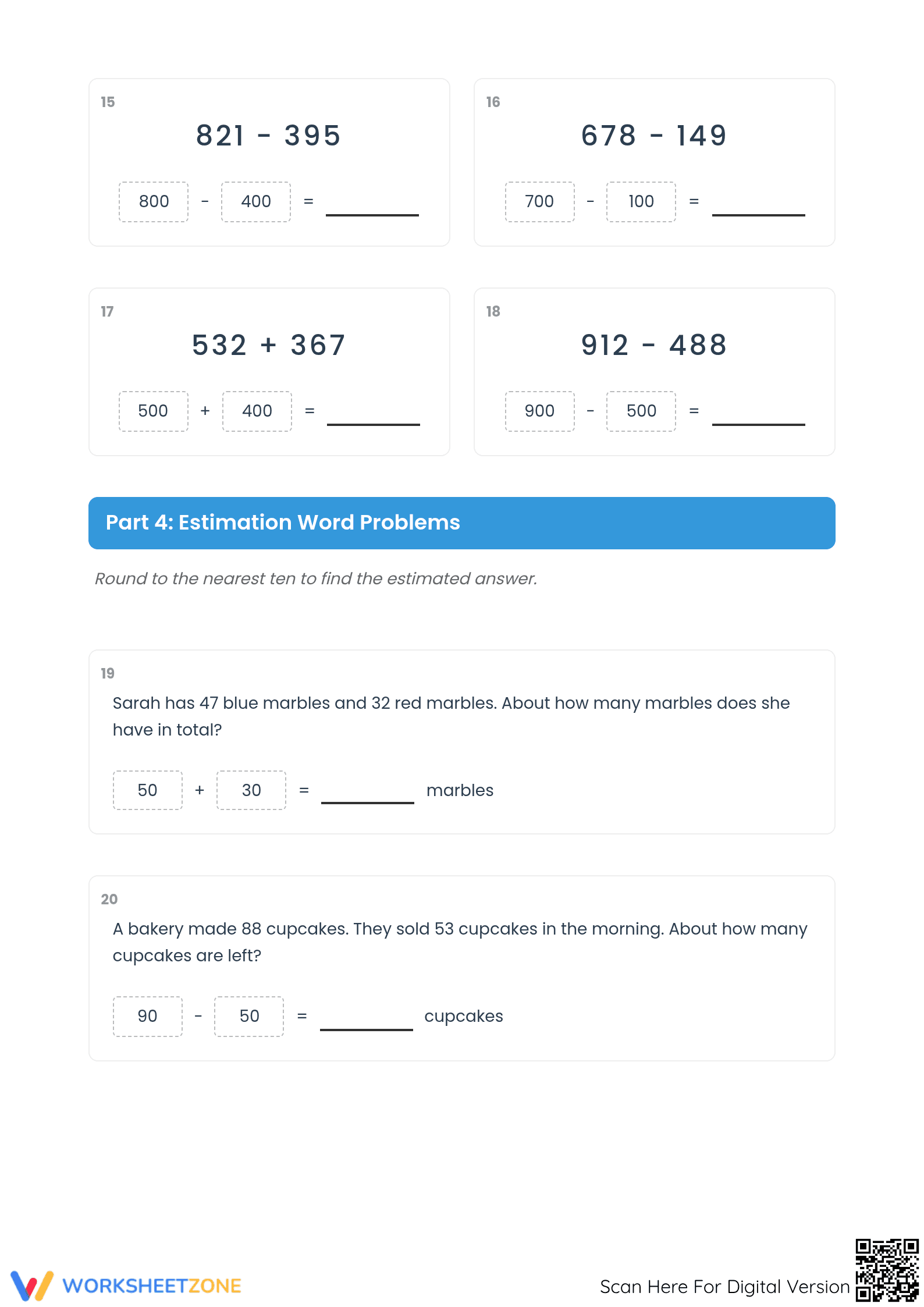 Essential Grade 3 Estimation Worksheet: Sums & Differences - Page 3