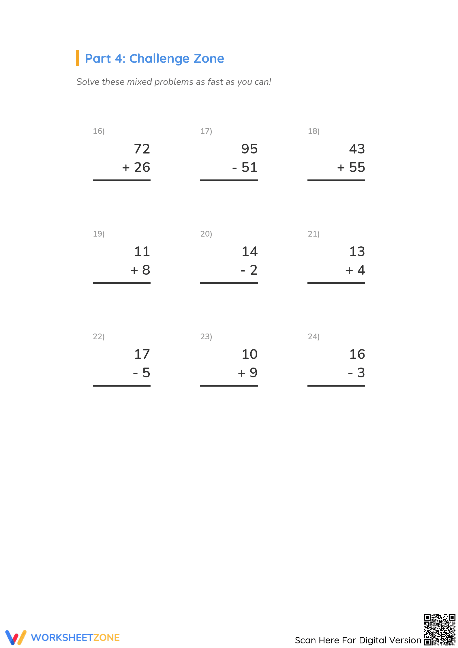 Printable Grade 2 Addition and Subtraction Mastery Worksheet - Page 3
