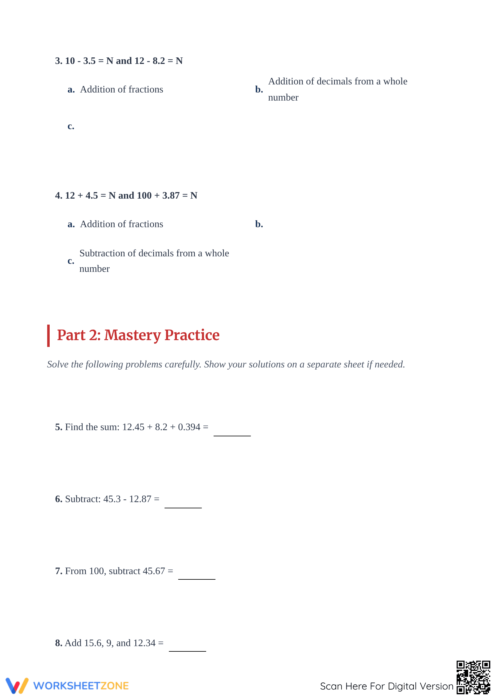 Printable Decimal Addition & Subtraction Worksheet | Grade 6 - Page 2