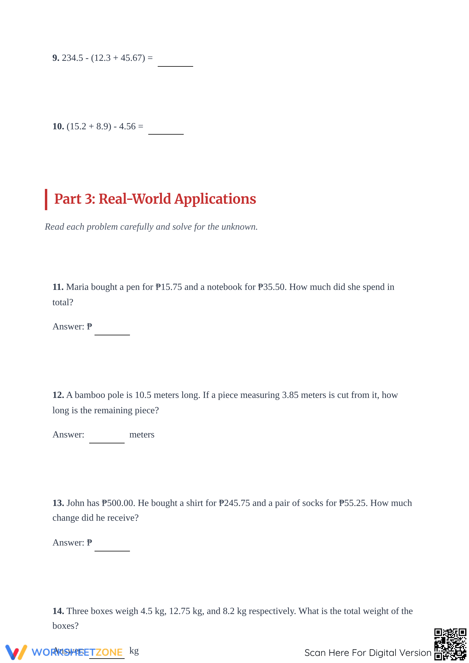 Printable Decimal Addition & Subtraction Worksheet | Grade 6 - Page 3