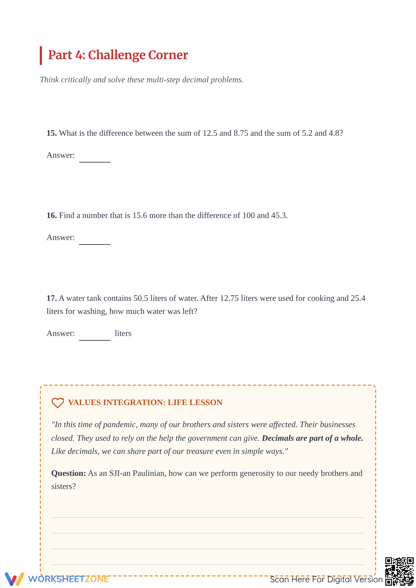 Printable Decimal Addition & Subtraction Worksheet | Grade 6 - Page 4