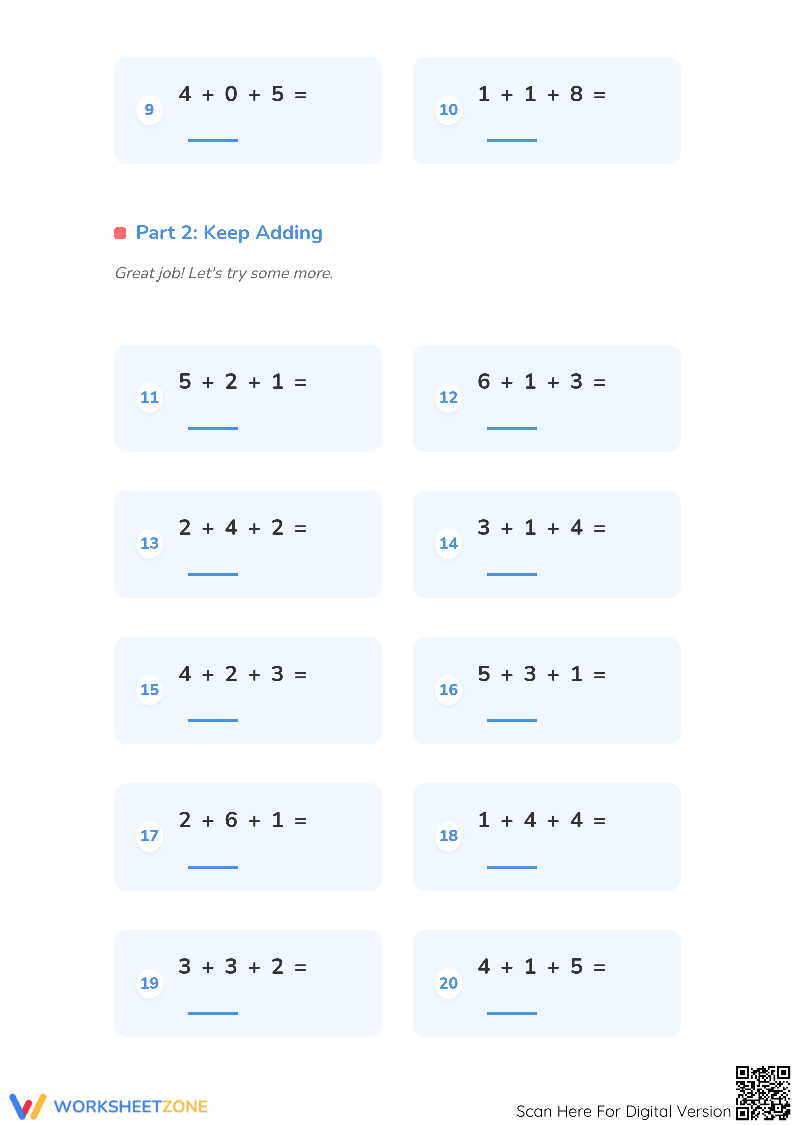 Printable Addition of 3 Numbers Worksheet | Grade 1-2 - Page 2