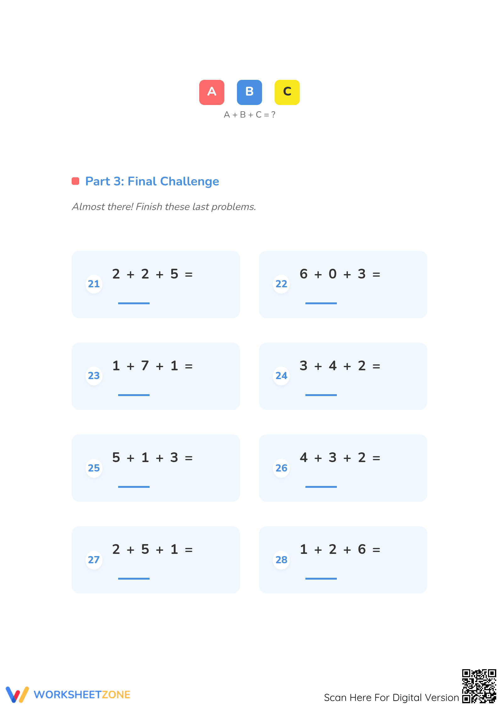 Printable Addition of 3 Numbers Worksheet | Grade 1-2 - Page 3