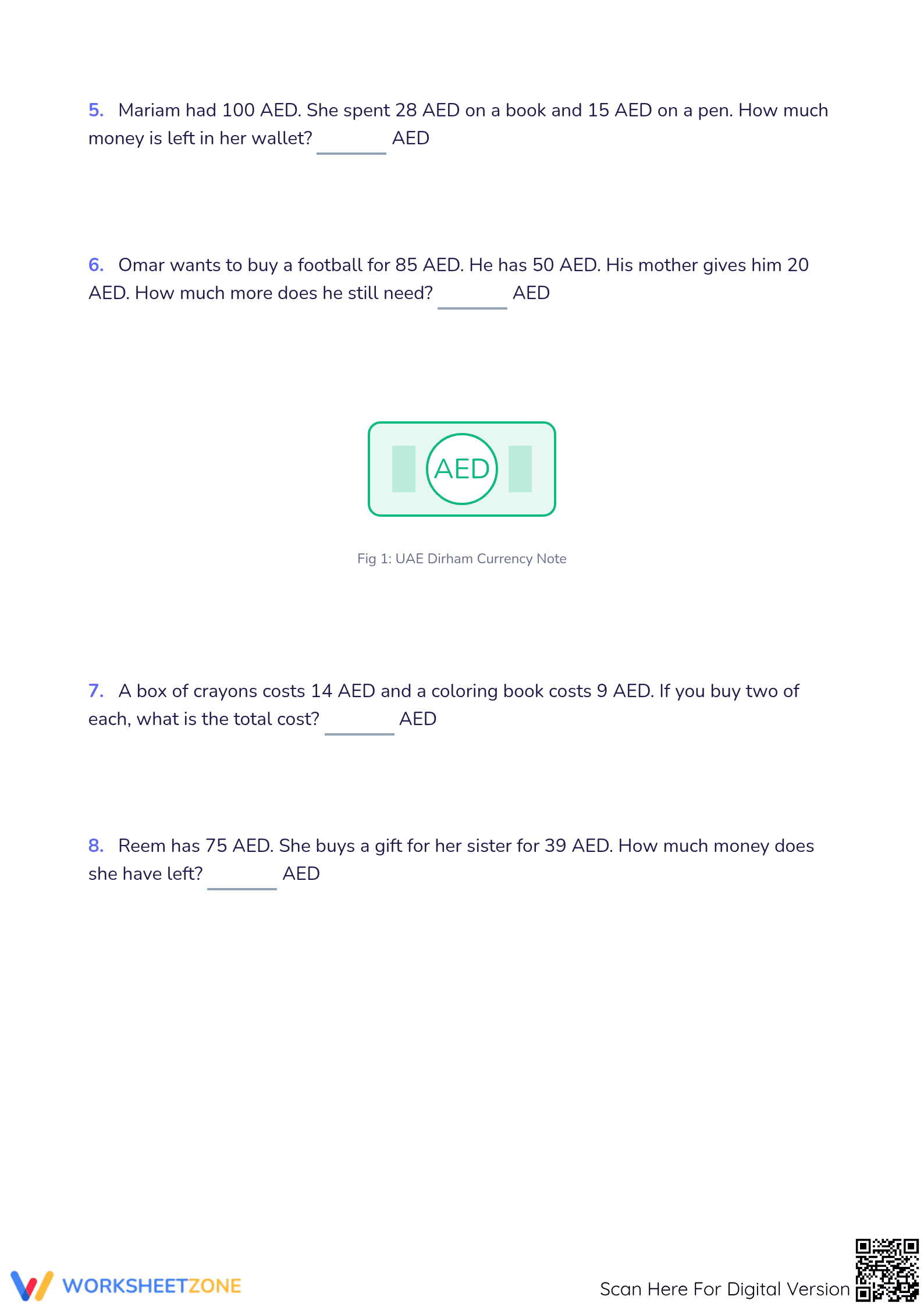 Printable AED Money Word Problems | Grade 3-4 Math - Page 2