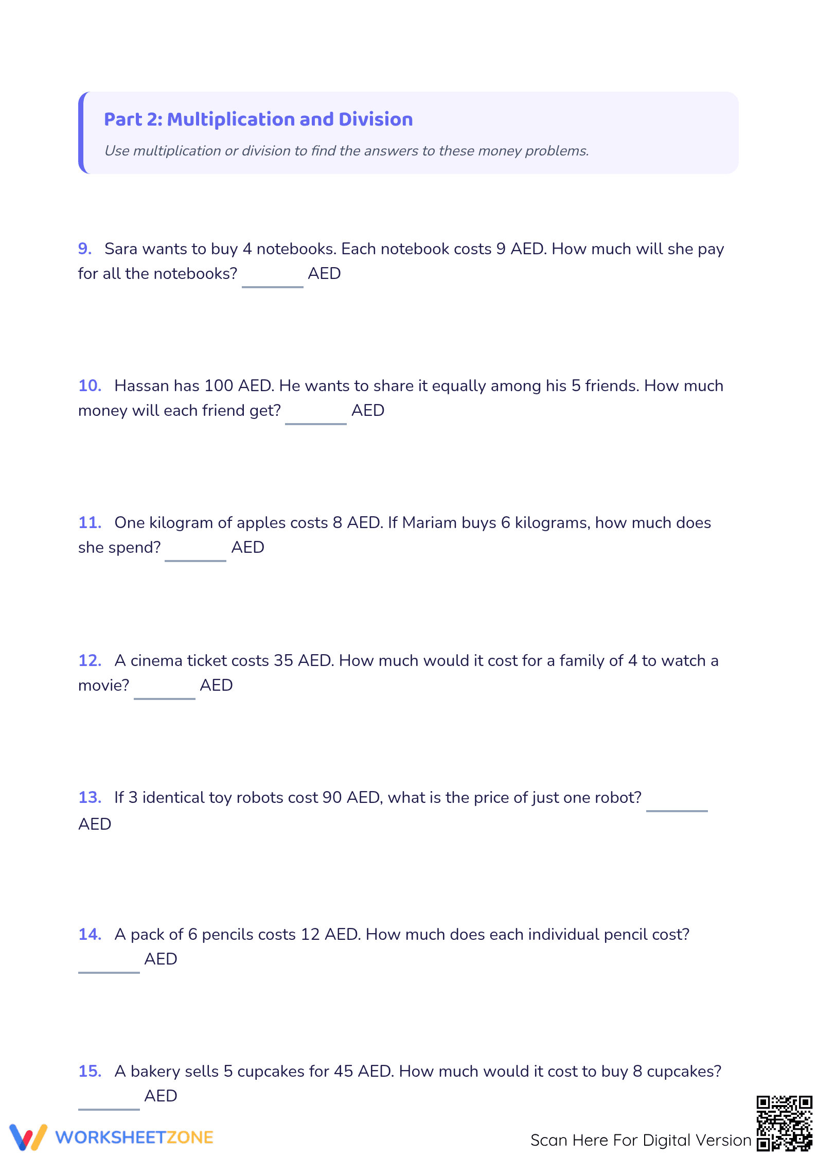 Printable AED Money Word Problems | Grade 3-4 Math - Page 3
