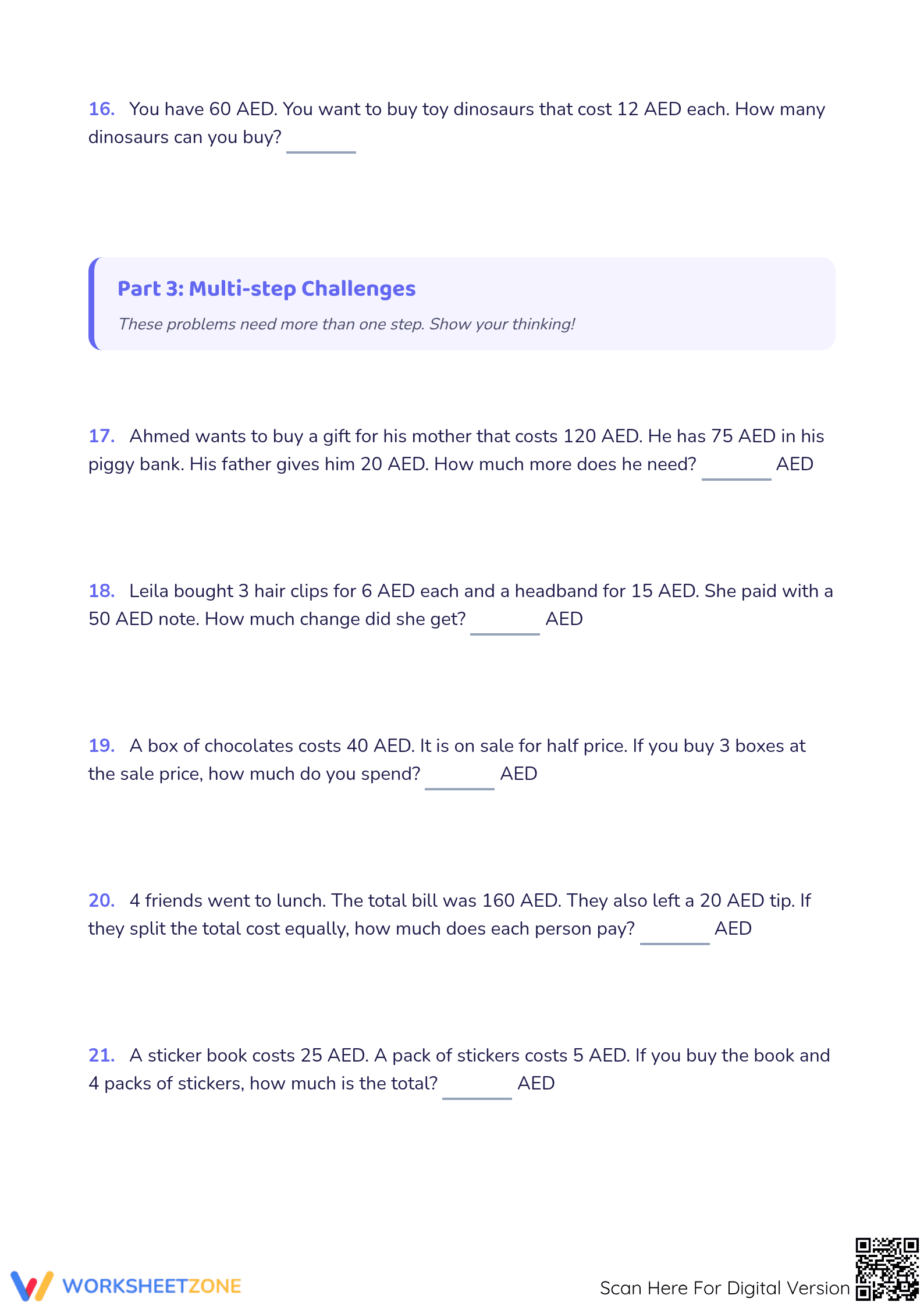Printable AED Money Word Problems | Grade 3-4 Math - Page 4