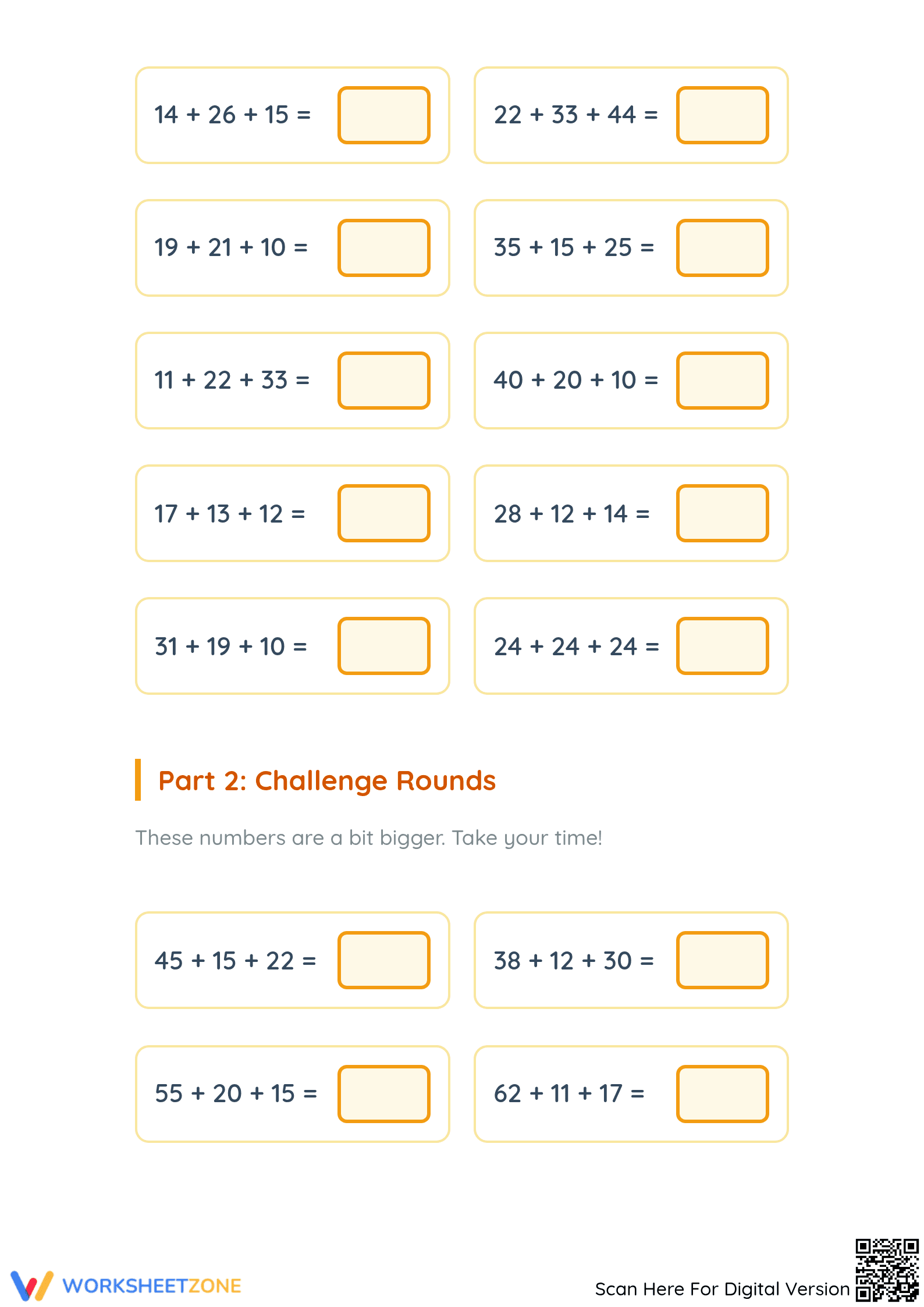 Printable Addition with 3 Numbers Worksheet | Grade 2-3 - Page 2