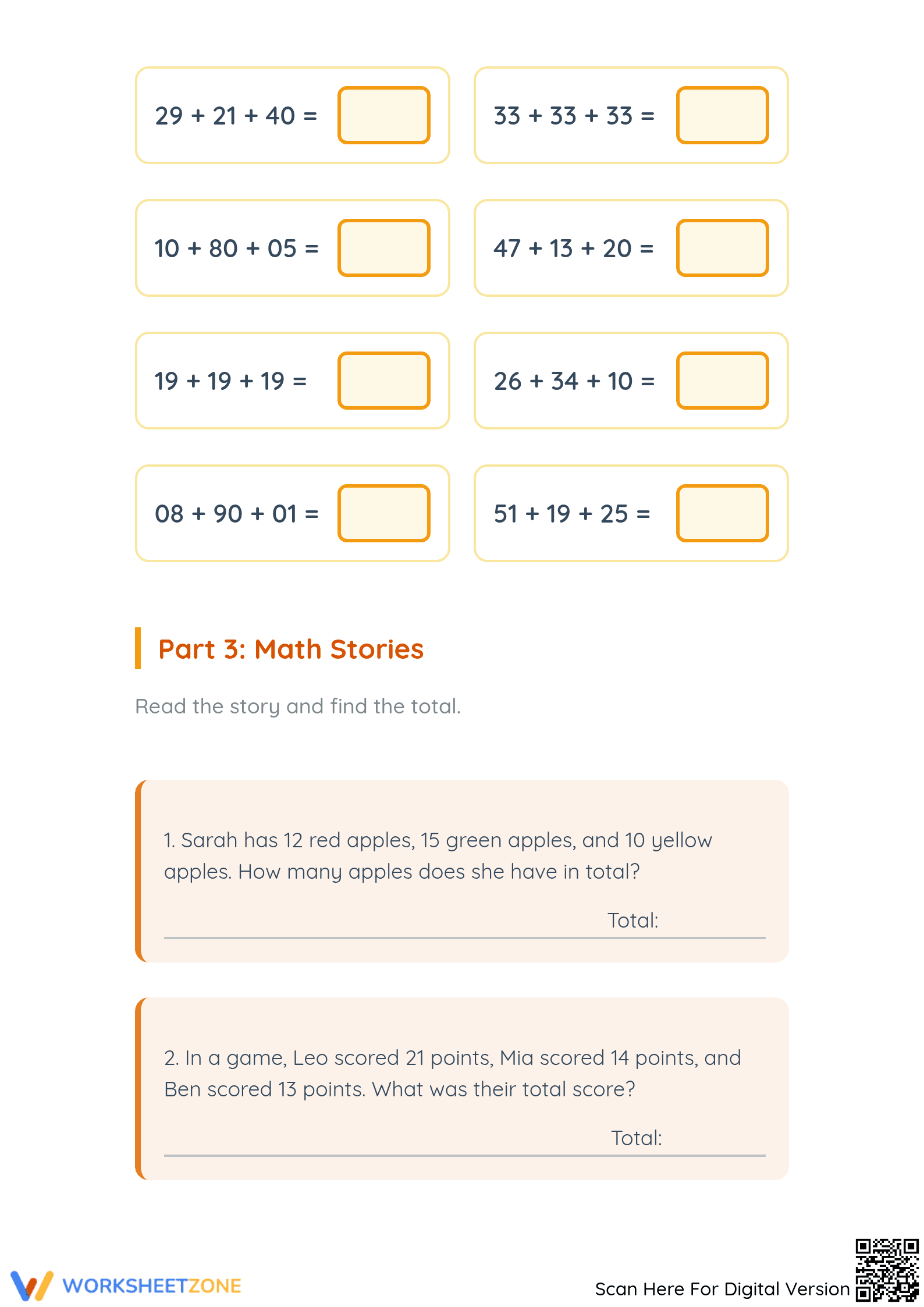 Printable Addition with 3 Numbers Worksheet | Grade 2-3 - Page 3
