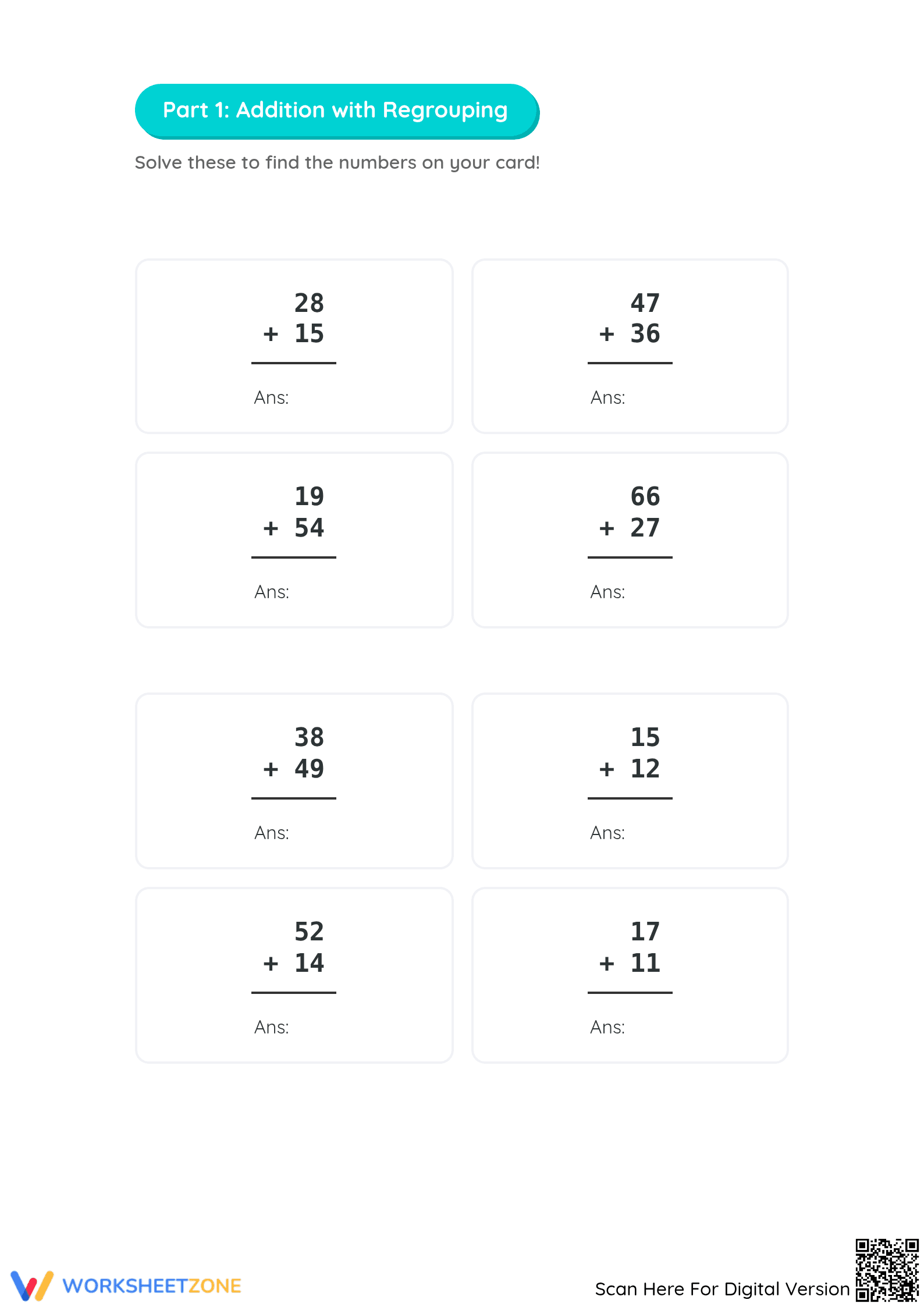 Printable Regrouping Bingo: Addition & Subtraction Card 3 - Page 2
