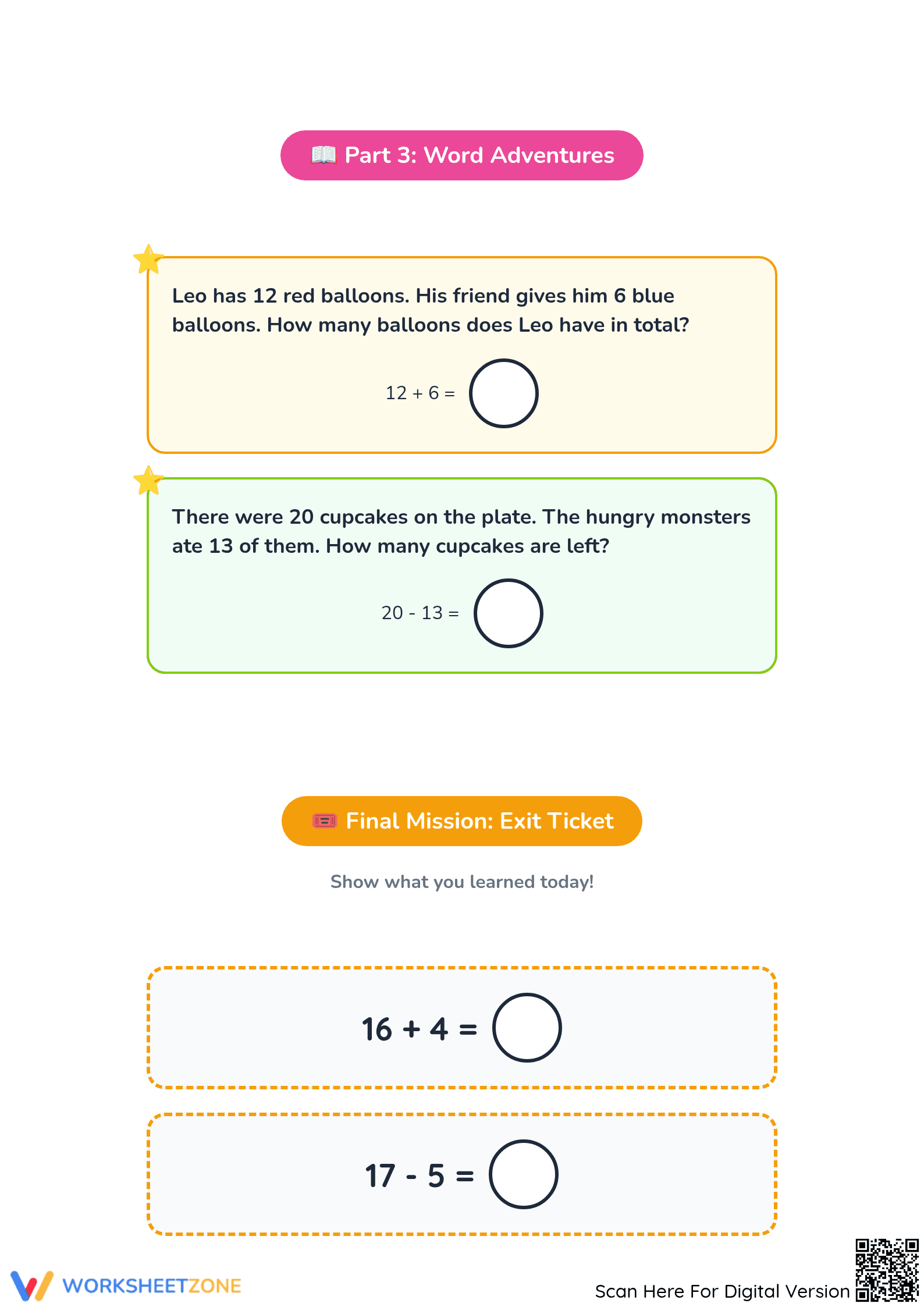 Essential Addition and Subtraction to 20 Exit Ticket - Page 3