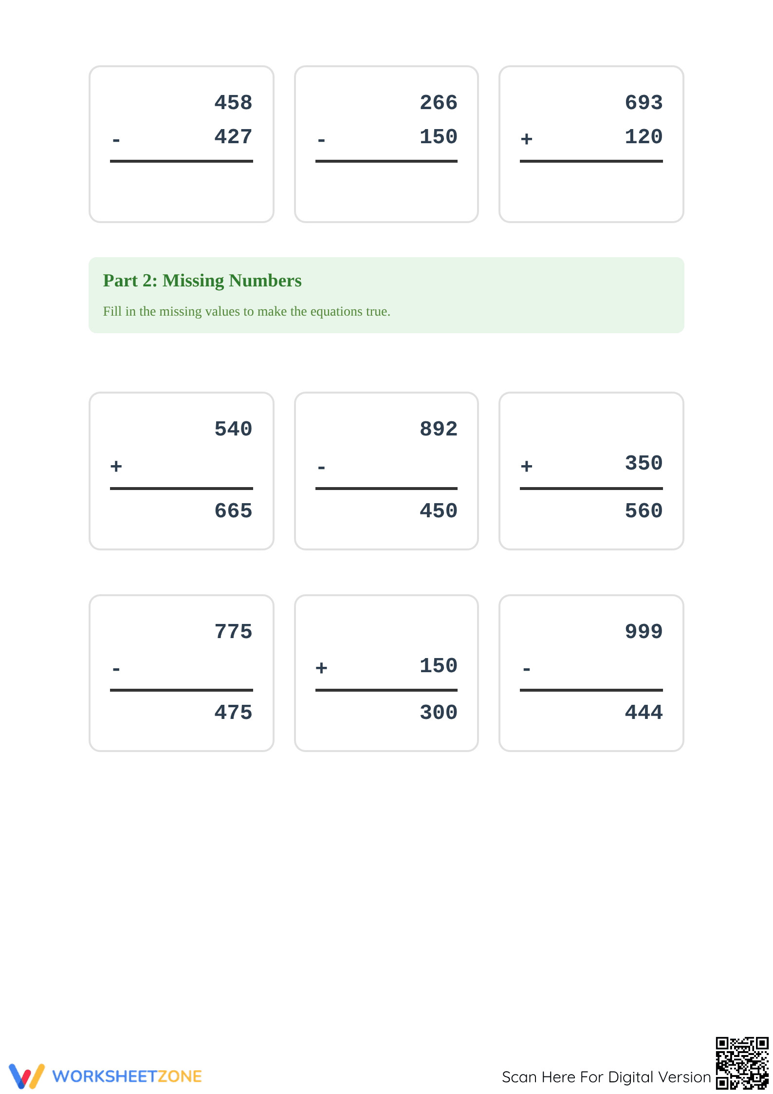 Printable Addition and Subtraction within 1000 Worksheet - Page 2