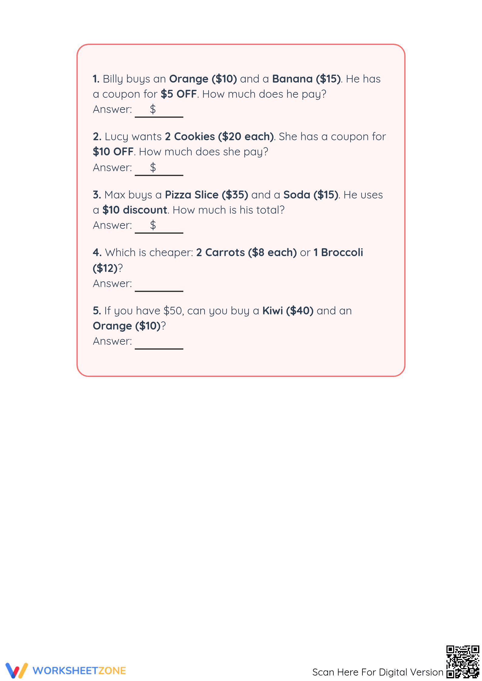 Grade 2 Market Day Money Math — Printable No-Prep Worksheet - Page 5