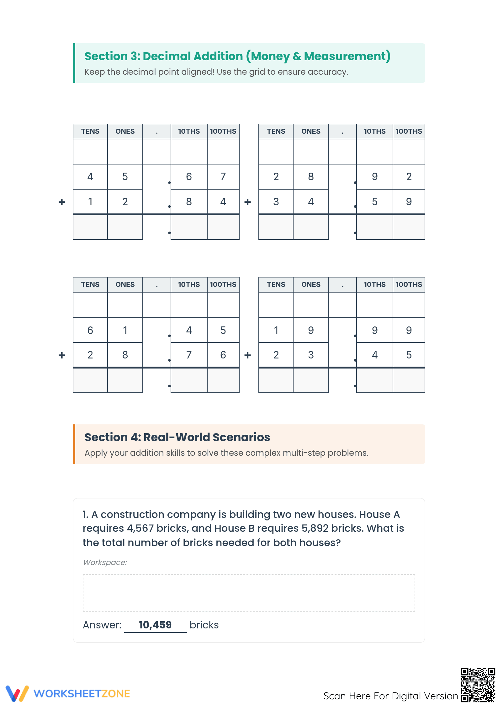 Essential Addition with Regrouping & Decimals Worksheet - Page 3