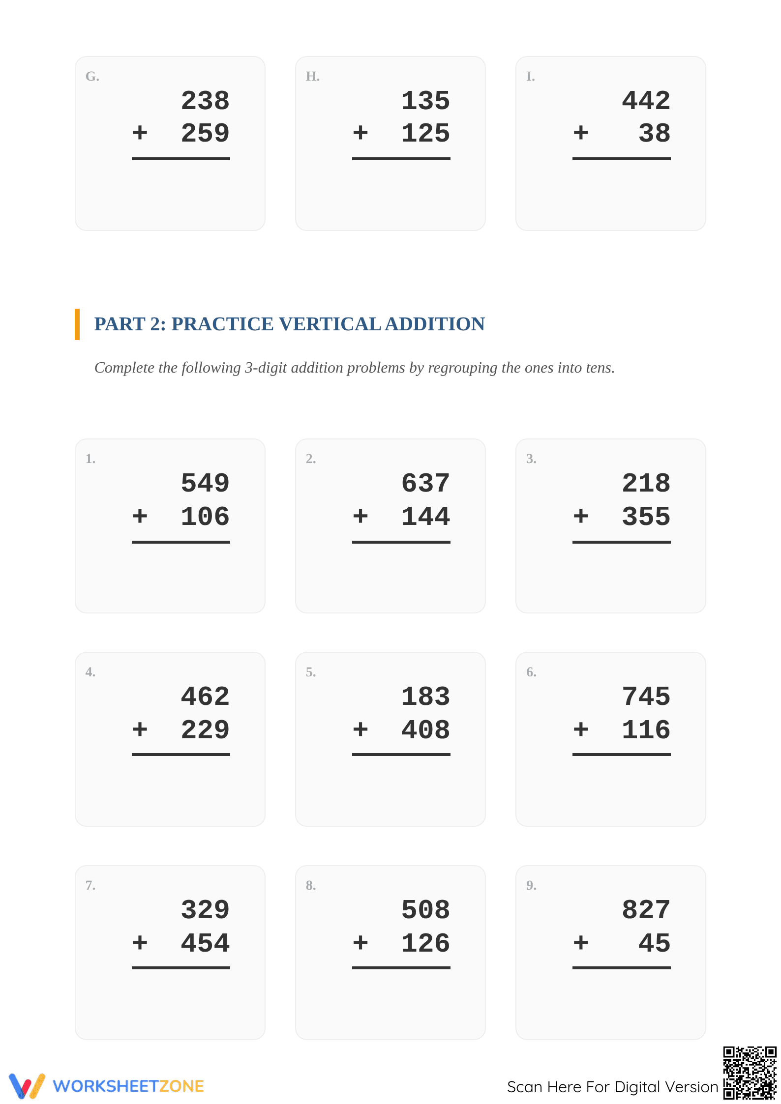 Printable 3-Digit Addition with Regrouping — Grade 2-3 - Page 2