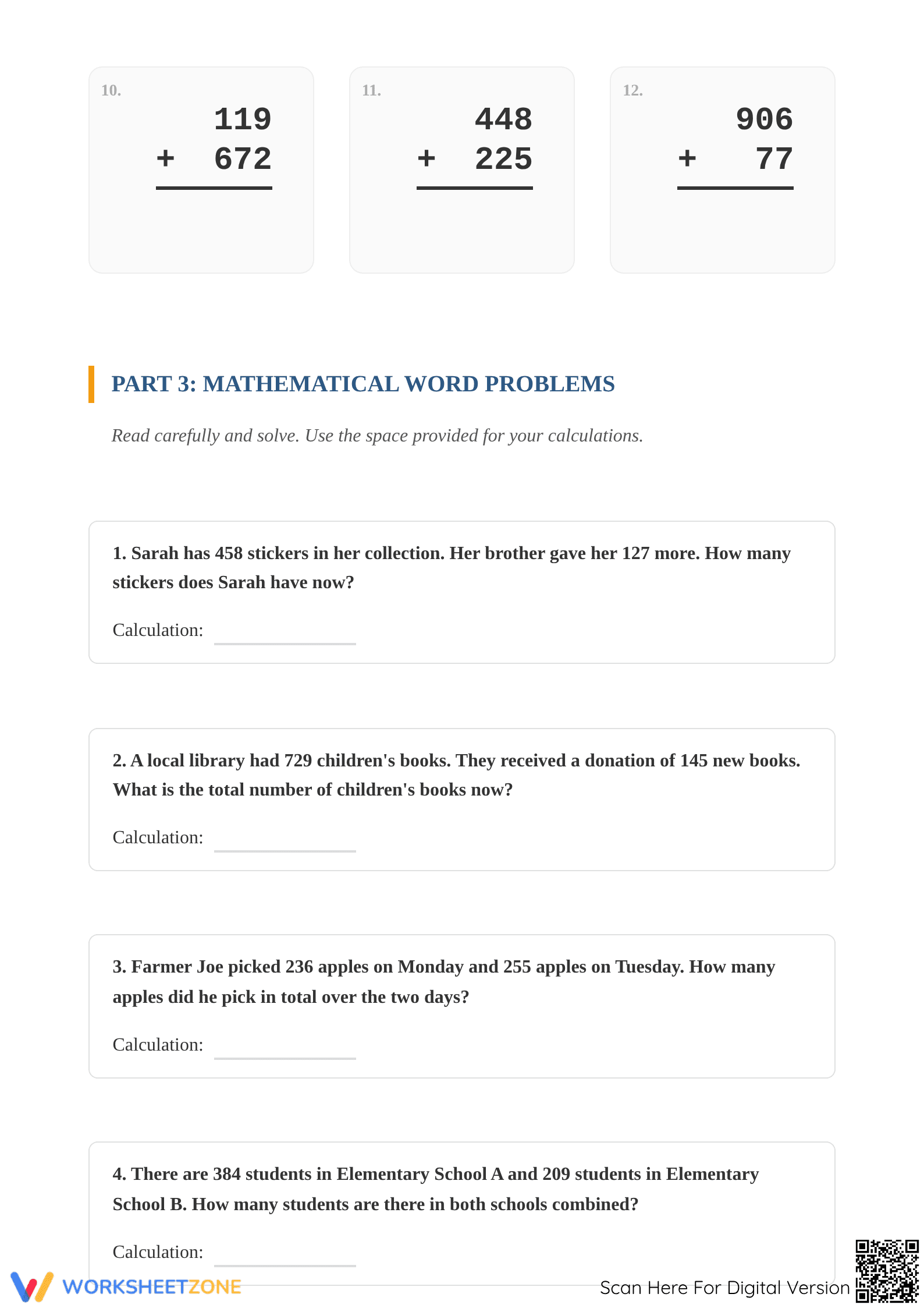 Printable 3-Digit Addition with Regrouping — Grade 2-3 - Page 3