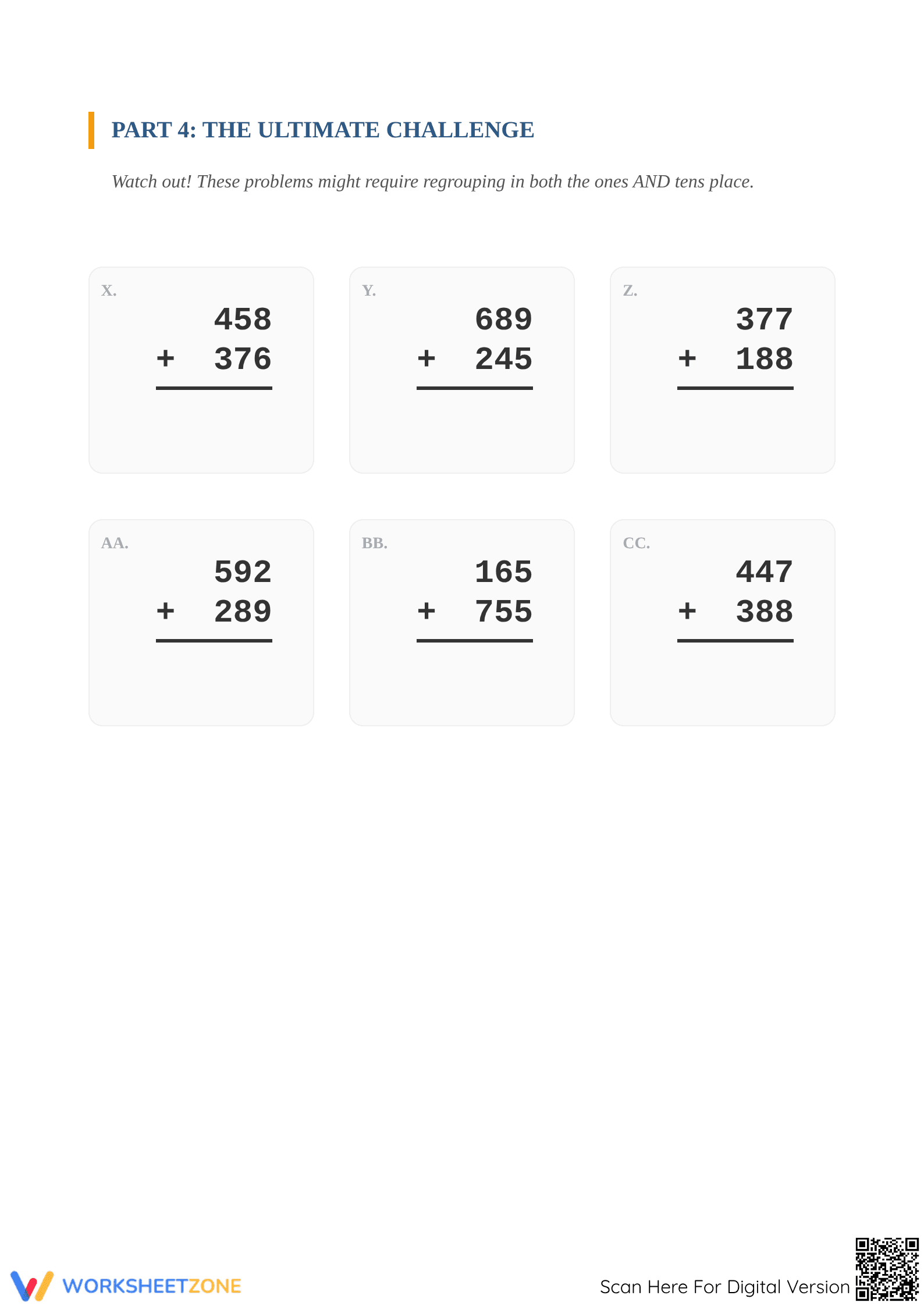 Printable 3-Digit Addition with Regrouping — Grade 2-3 - Page 4