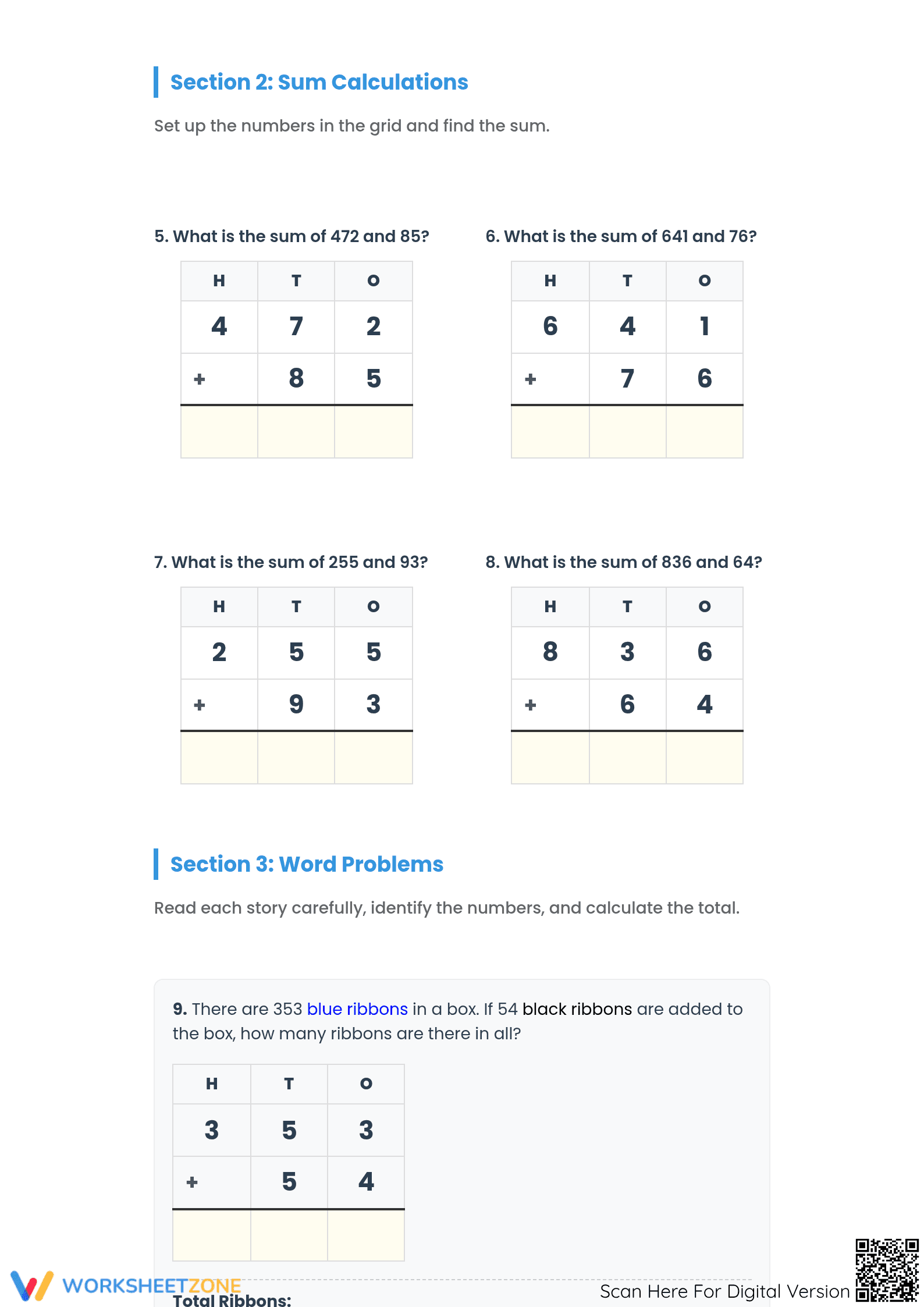 Essential 3-Digit to 2-Digit Addition Aligned Worksheet - Page 2