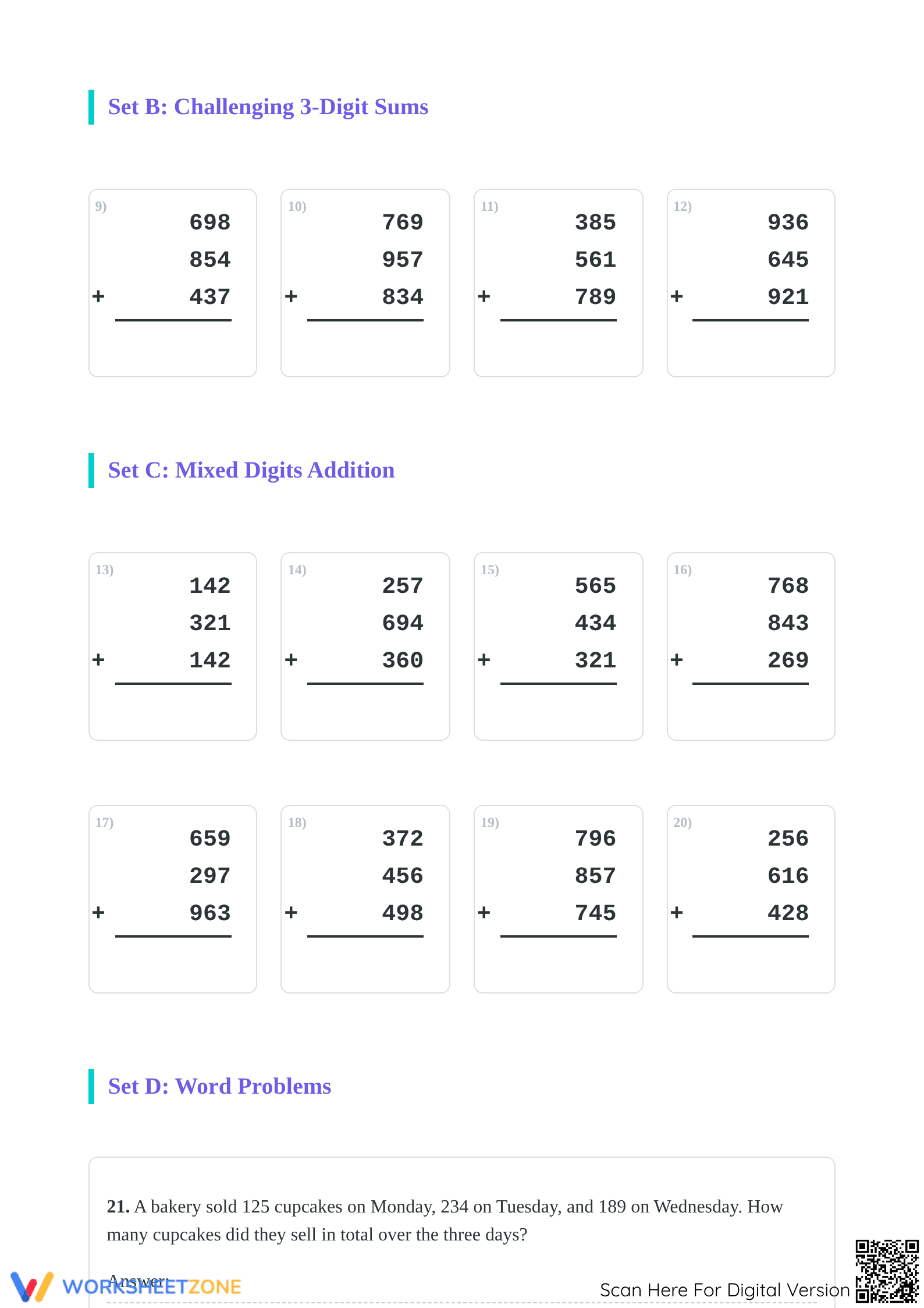 Essential Column Addition Worksheet: 3 Addends — Grade 3-4 - Page 2