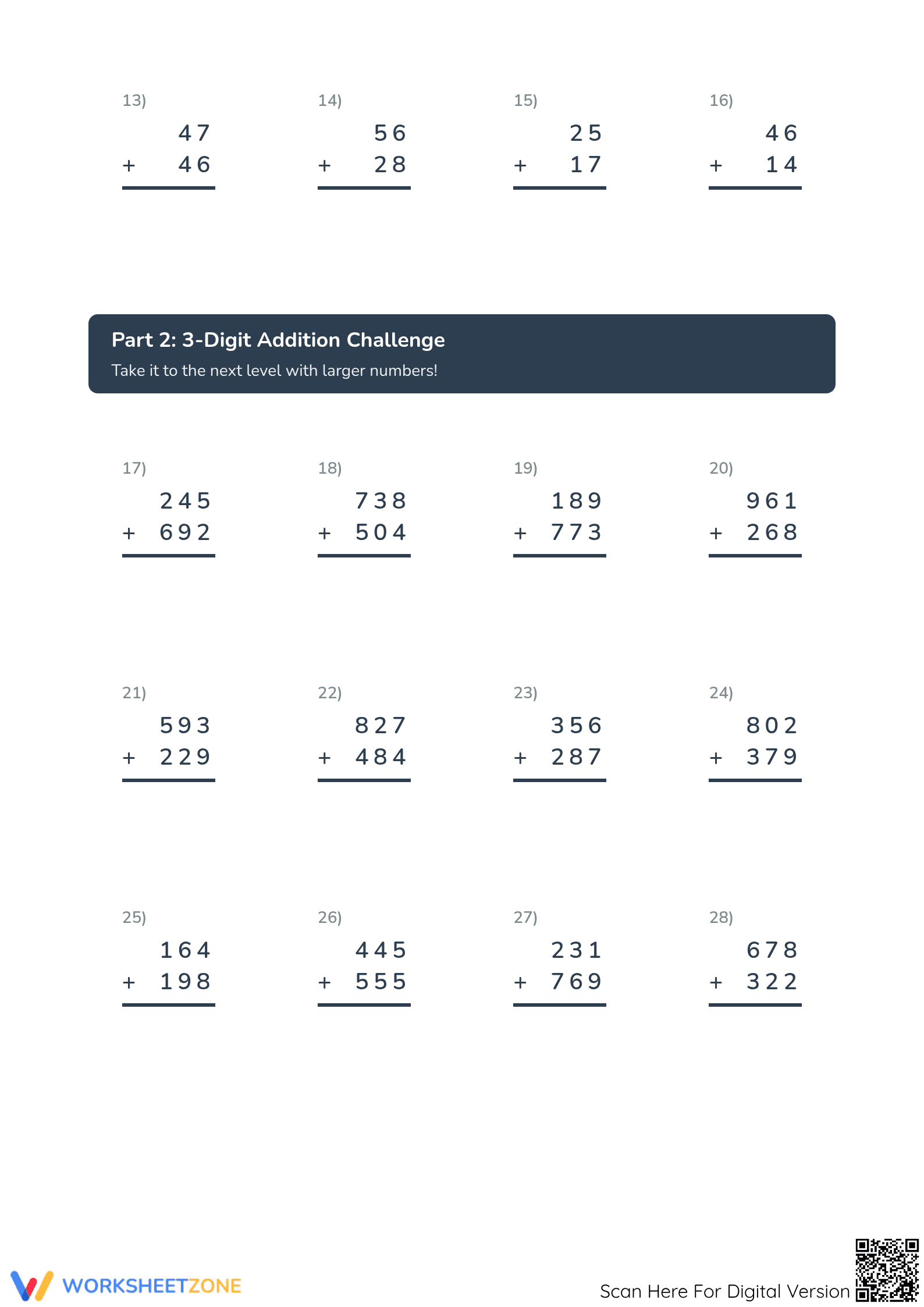 Printable: Grade 3-5 Addition with Regrouping Worksheet - Page 2