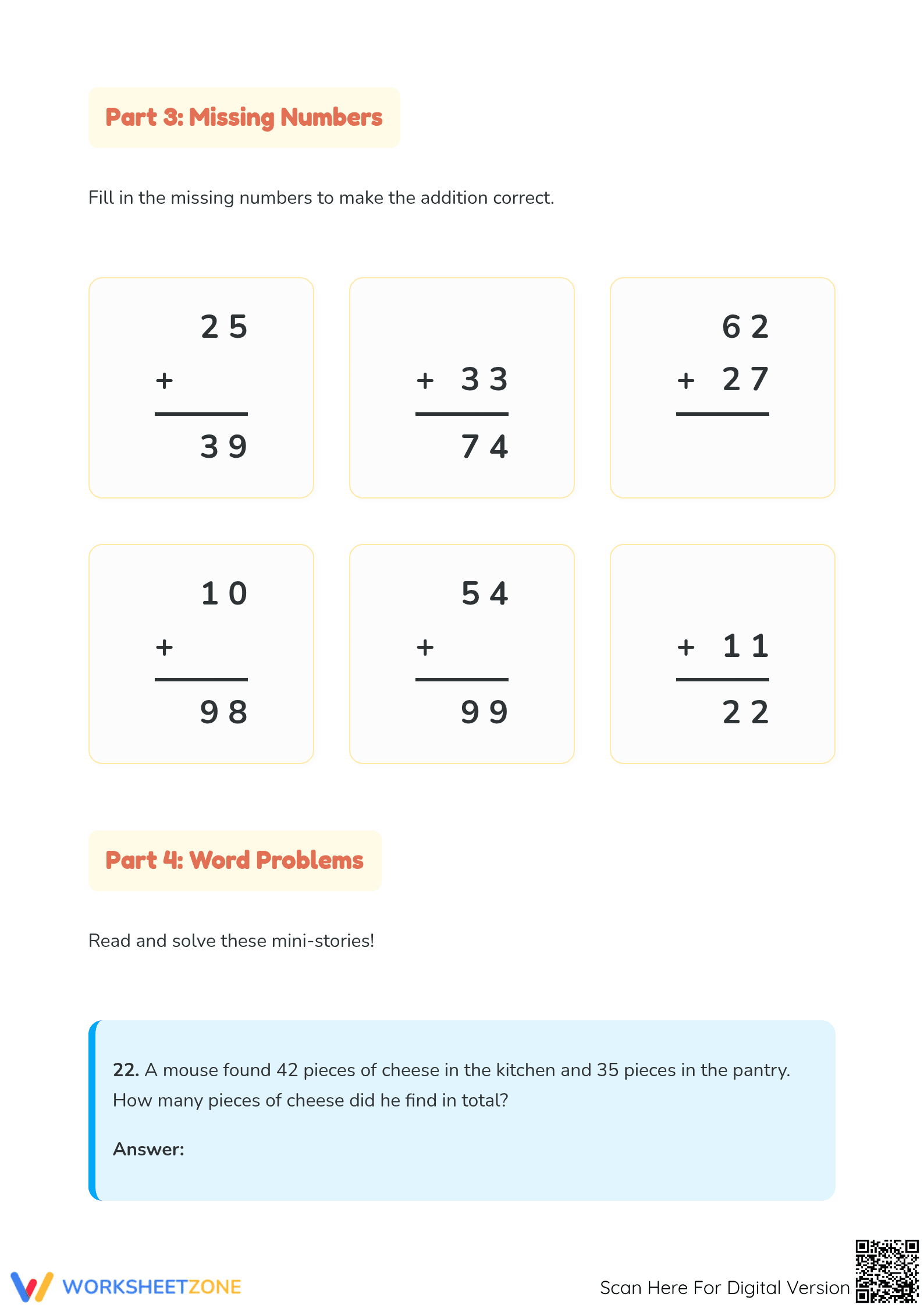 Essential Addition Within 100 Puzzle Worksheet | Grade 2 - Page 3