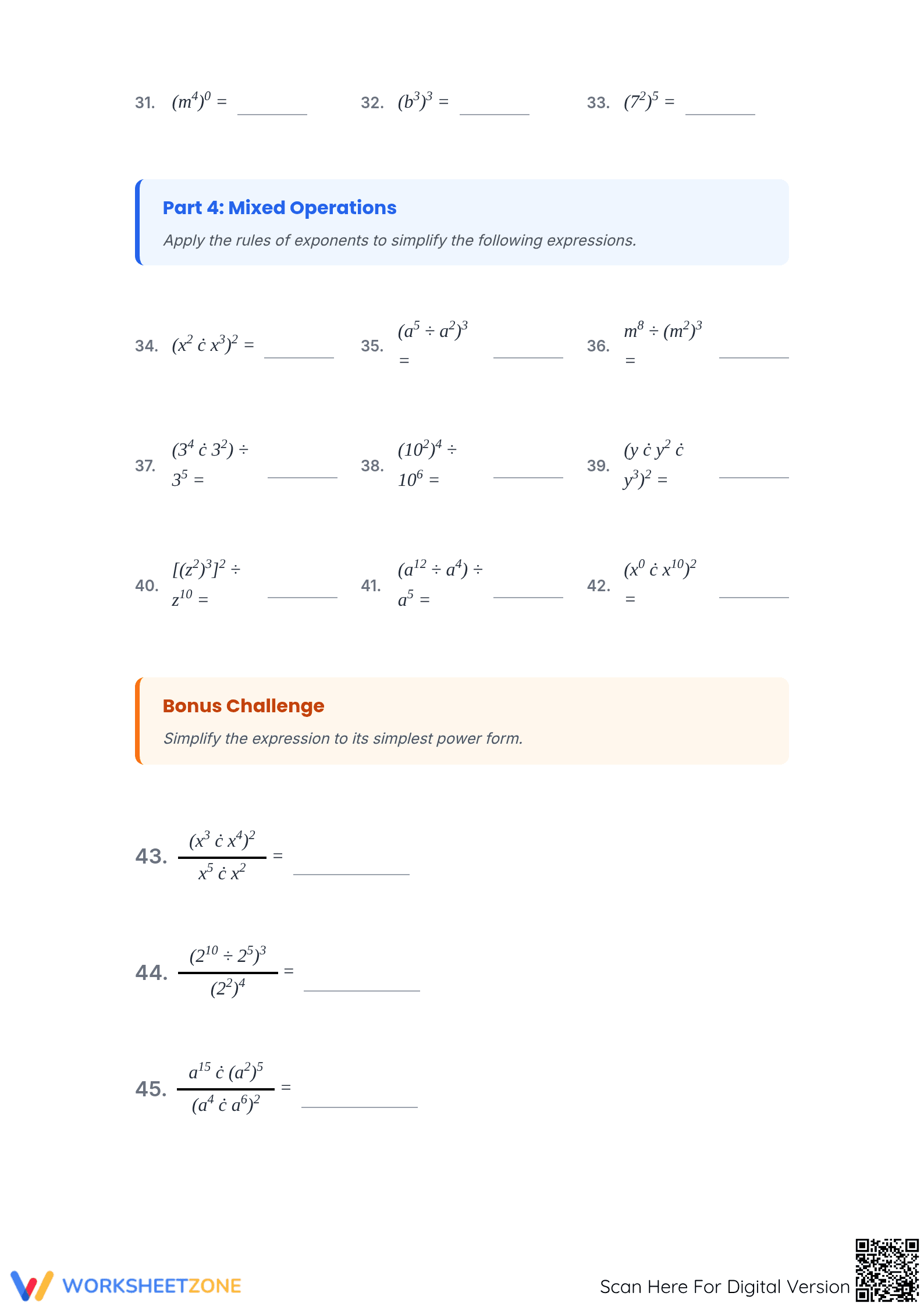 Essential Laws of Exponents Worksheet | Algebra Grade 8-11 - Page 3