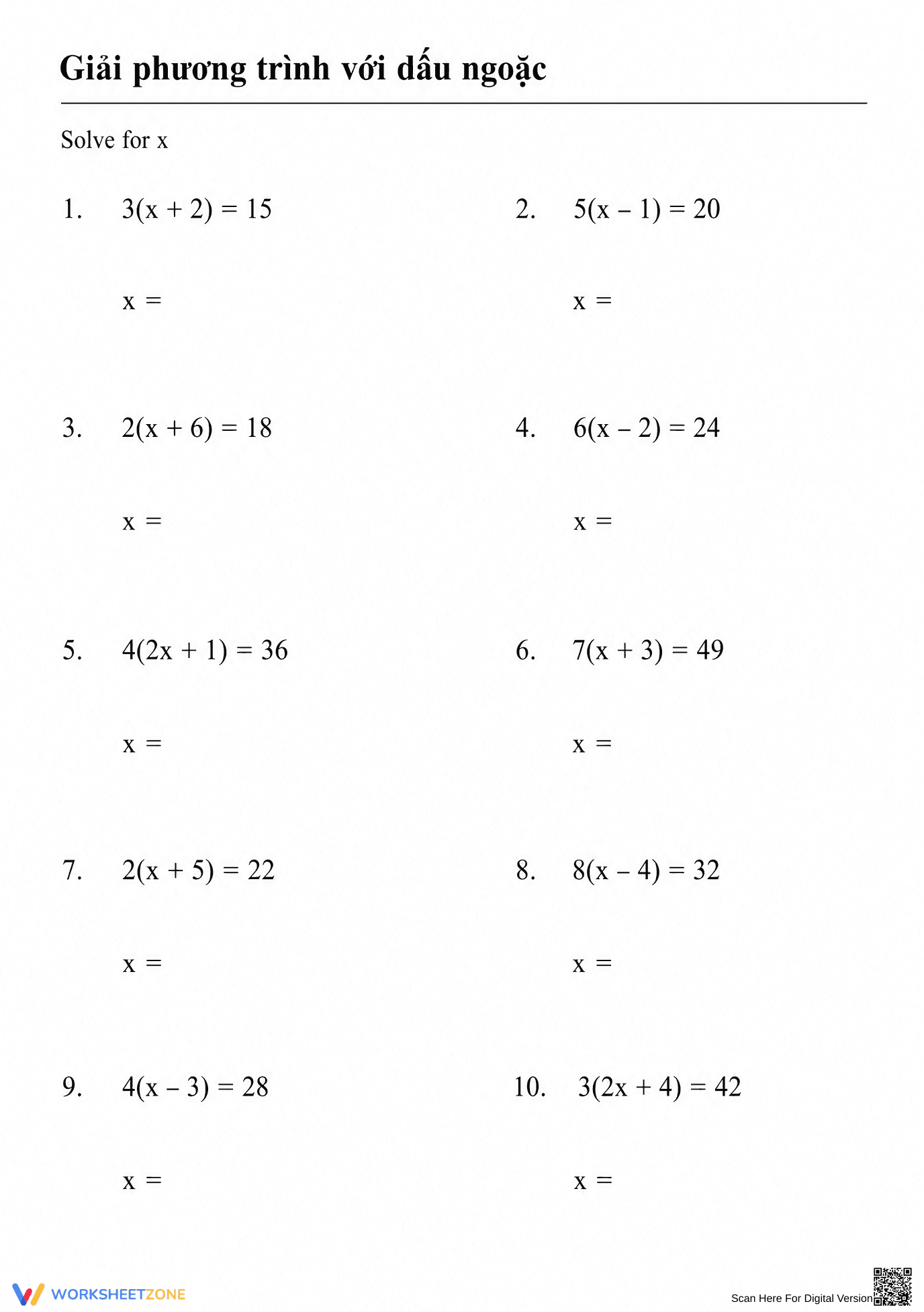 Printable Solving Equations with Brackets | Grade 10 Math - Page 2