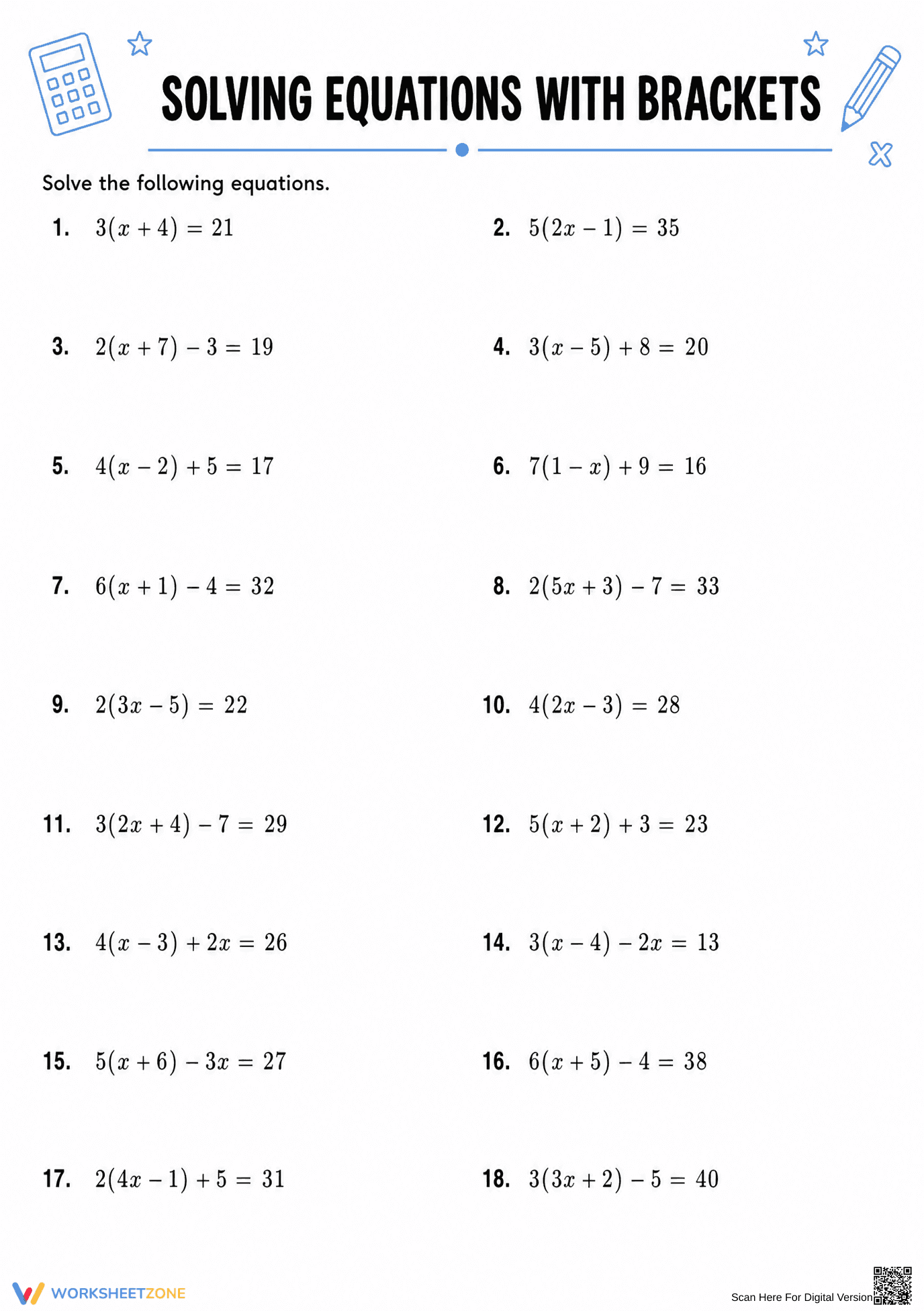 Printable Solving Equations with Brackets | Grade 10 Math - Page 3