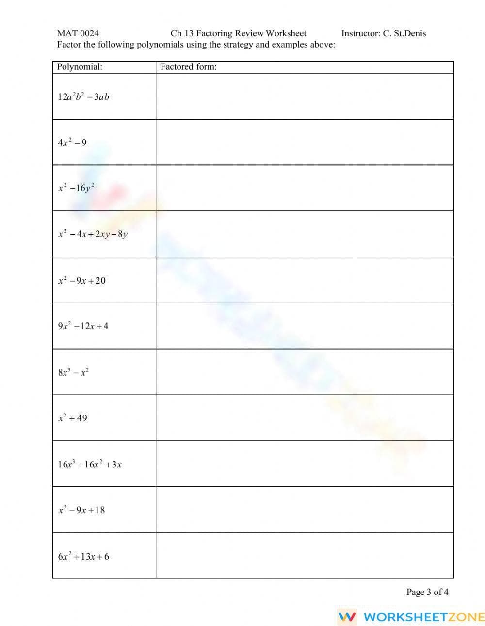 Factoring Polynomials Practice - Page 3